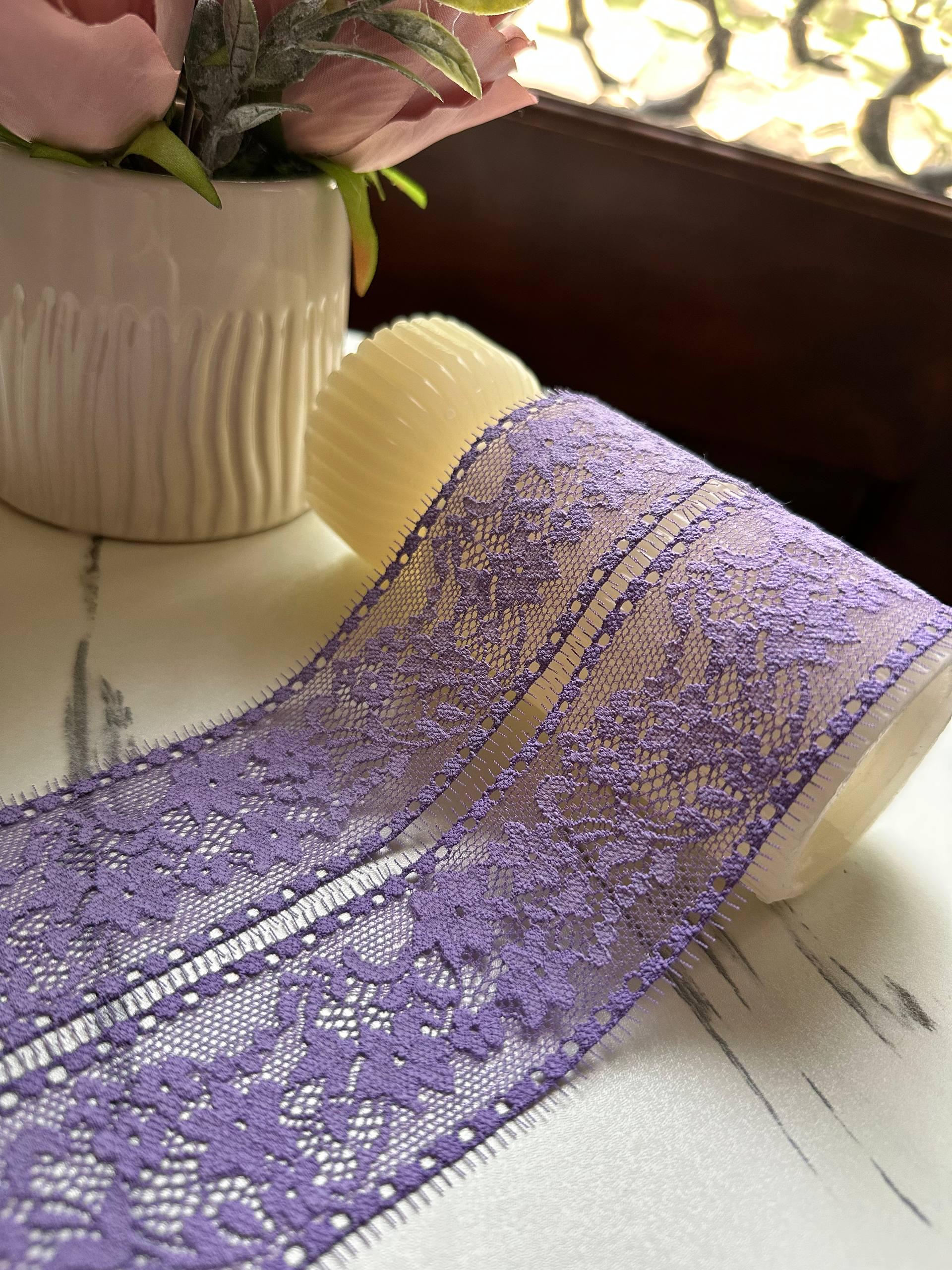Dusty Lavender Purple Floral Stretch Elastic Lace Trim Eyelash Fringe Straight Edge Galloon for Lingerie Underwear sewing Crafts, 1.75"