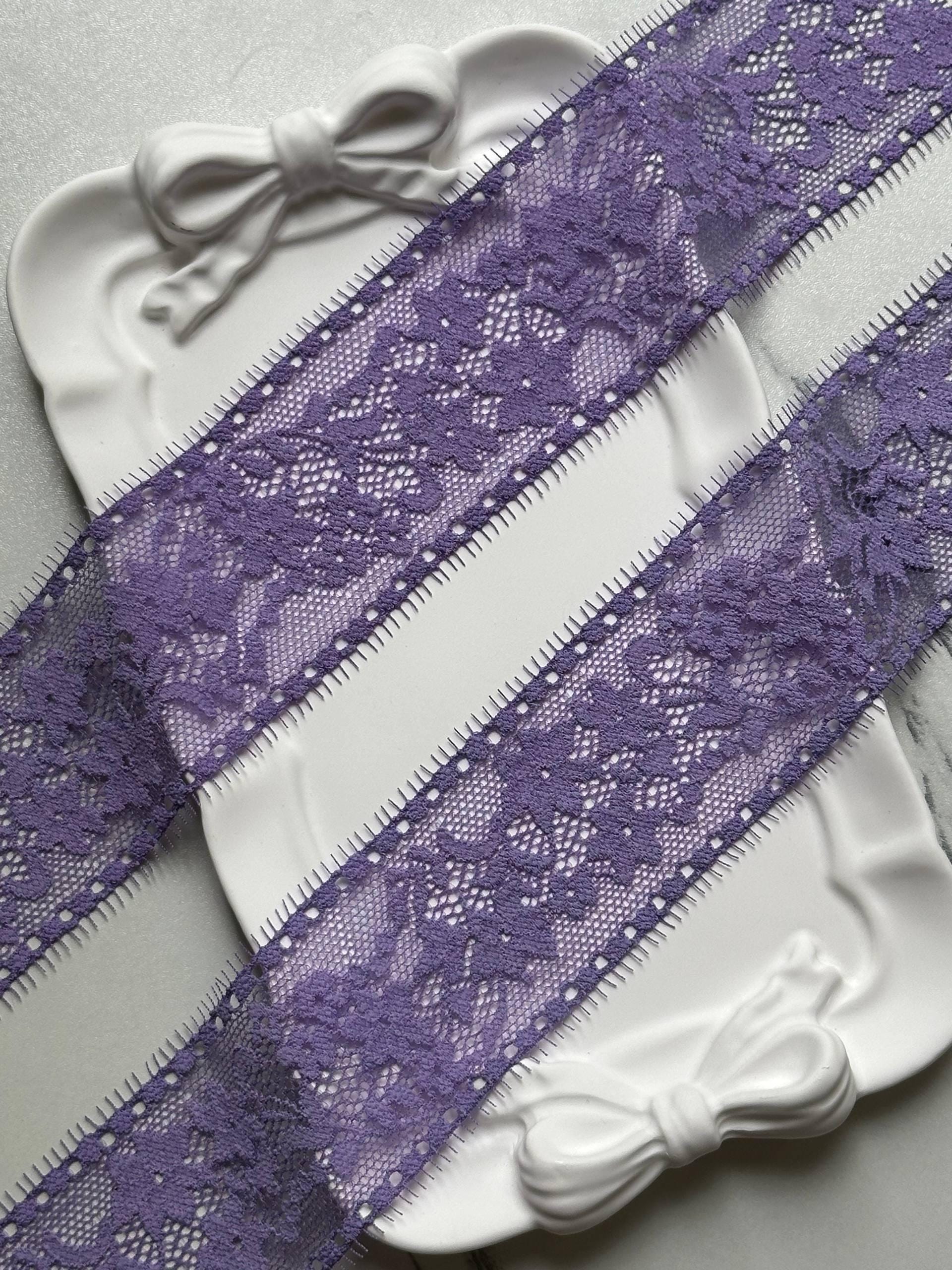 Dusty Lavender Purple Floral Stretch Elastic Lace Trim Eyelash Fringe Straight Edge Galloon for Lingerie Underwear sewing Crafts, 1.75"