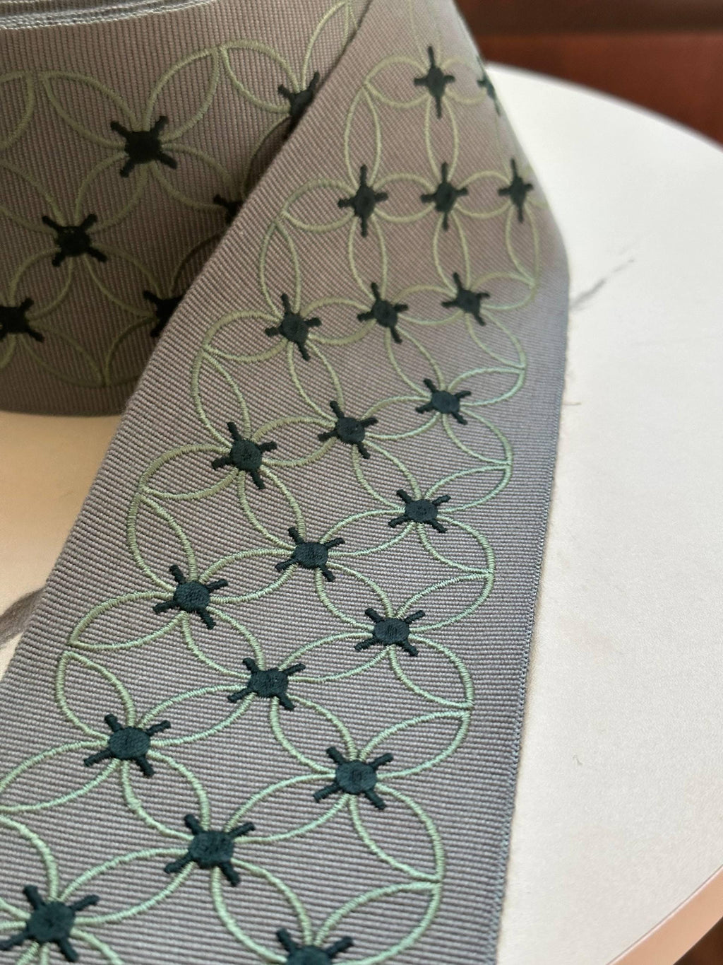 Sage Green Grey Geometric Flower Embroidered Grosgrain Canvas Webbing Ribbon Trim by the Yard, Wide Jacquard Border, 3.1"