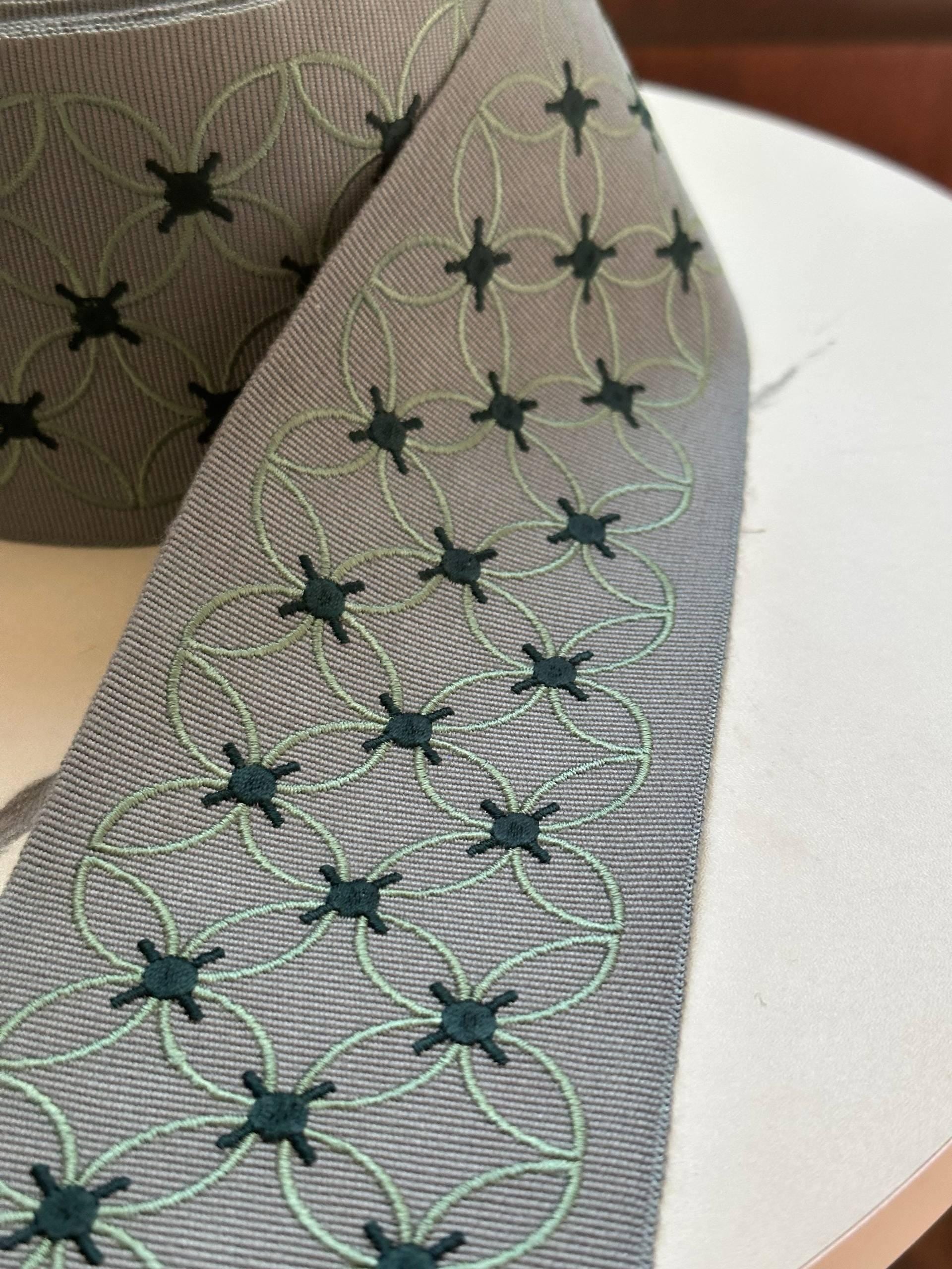 Sage Green Grey Geometric Flower Embroidered Grosgrain Canvas Webbing Ribbon Trim by the Yard, Wide Jacquard Border, 3.1"