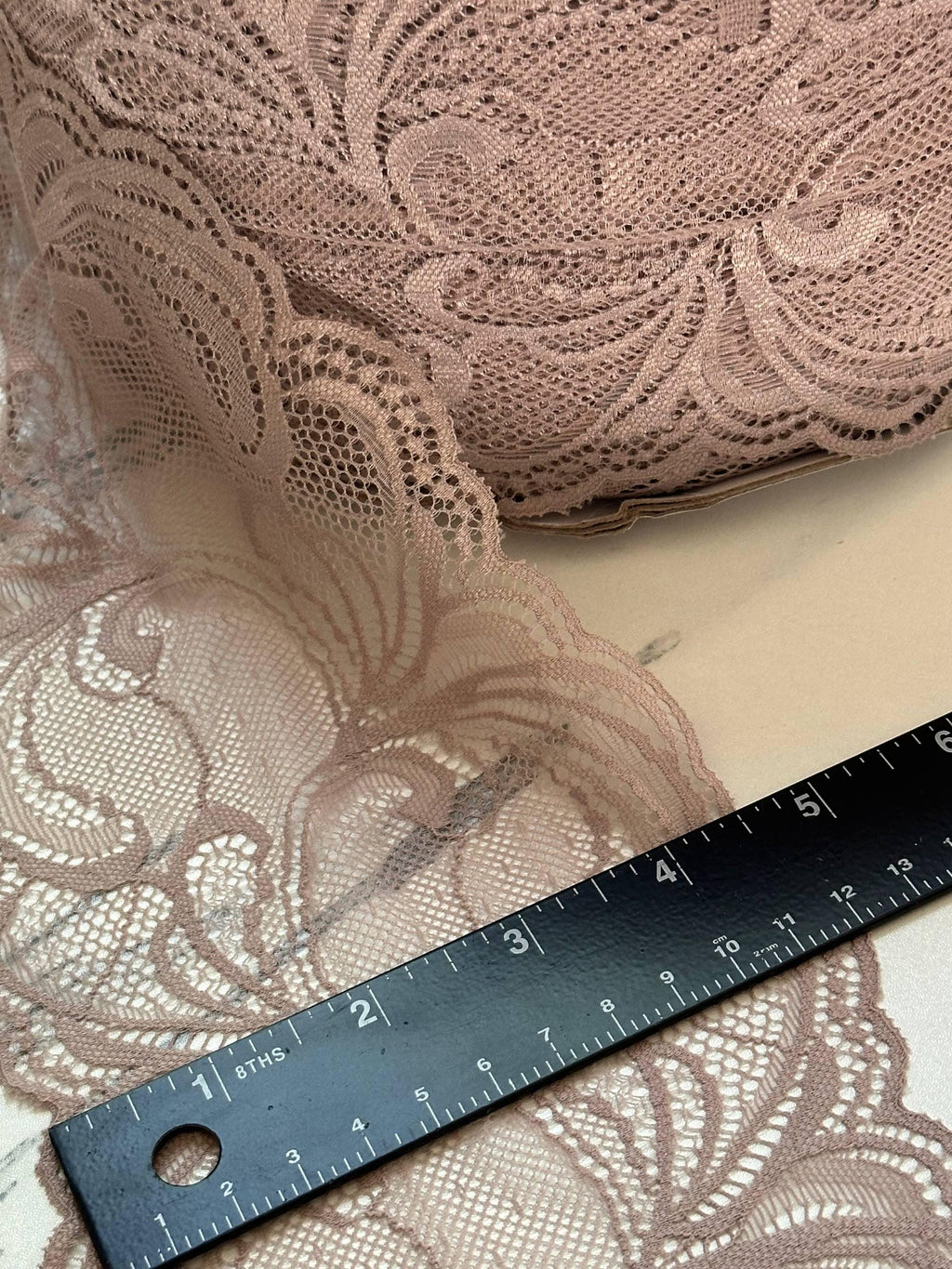 Dusty Rose Mauve Floral Wide Stretch Lace Trim by the Yard, Soft Scalloped Elastic Ribbon for Lingerie Apparel, 4.5"