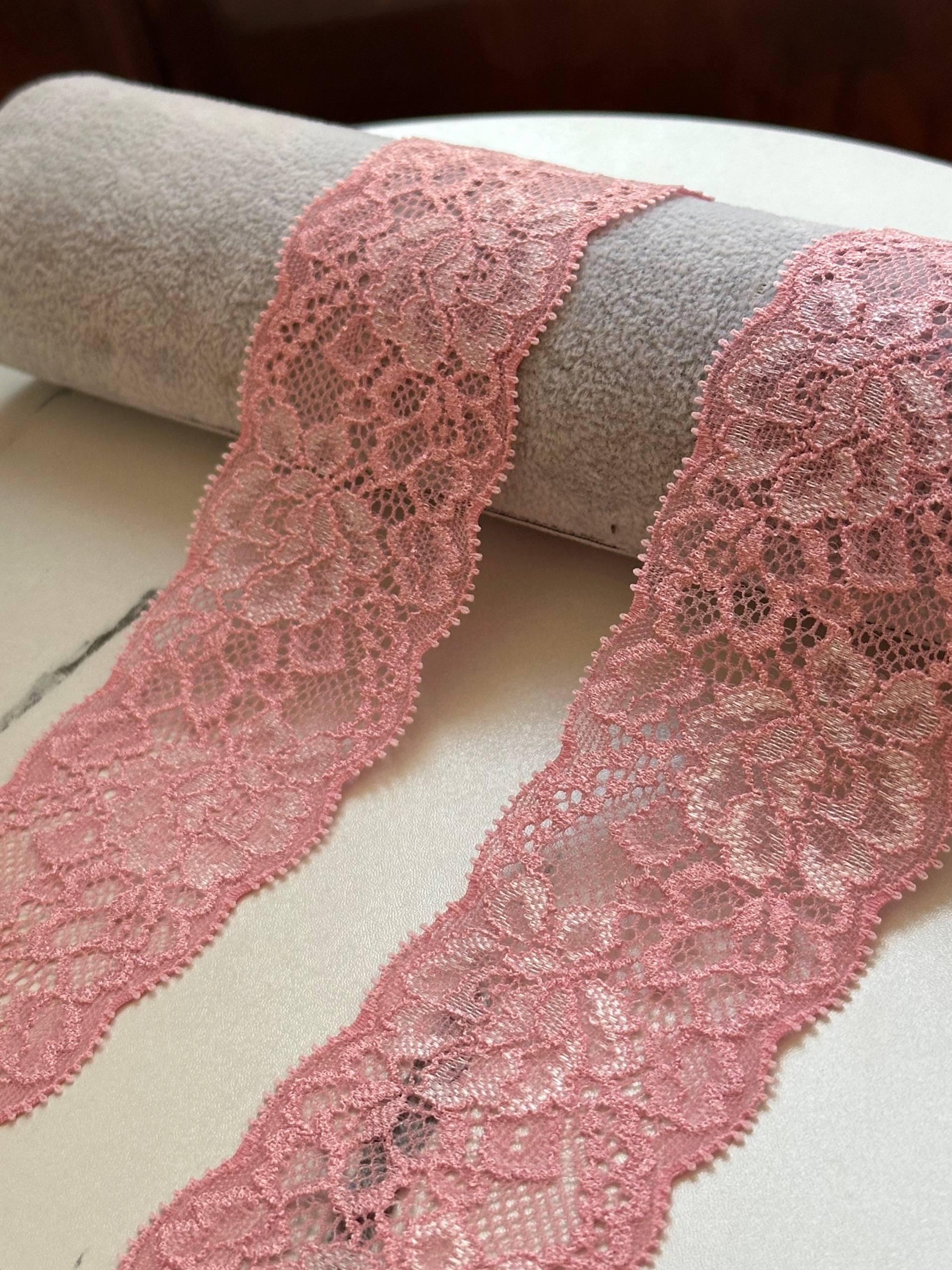 Soft Dusty Rose Pink Floral Stretch Lace Trim by the Yard, Scalloped Elastic Ribbon for Coquette Lingerie Apparel Crafts, 2"