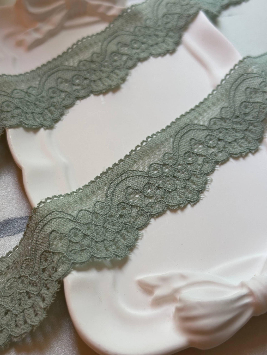 Muted Sage Green Floral Stretch Lace Trim by the Yard, Narrow Scalloped Elastic Ribbon for Coquette Lingerie Crafts, 1.3"