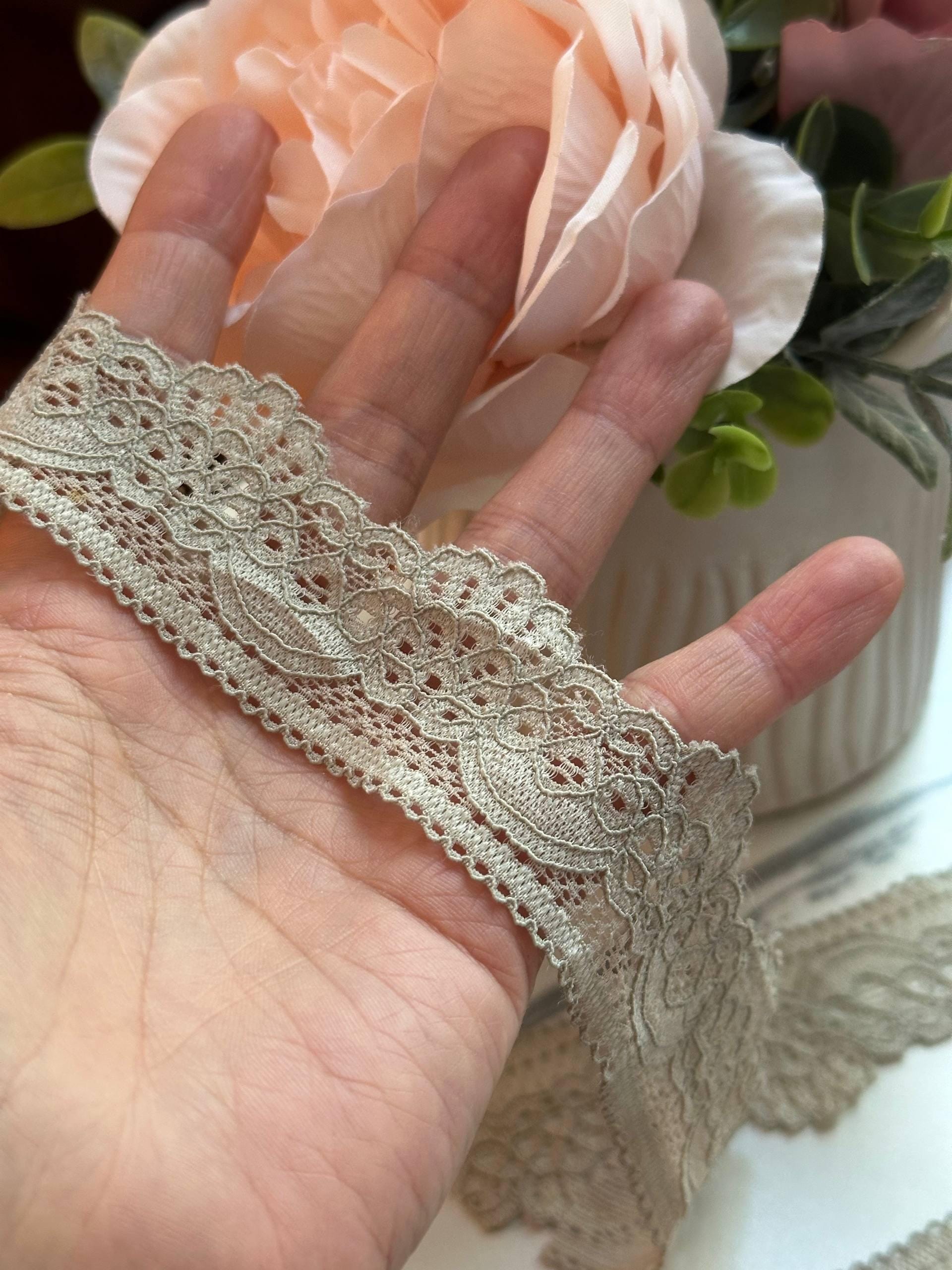 Soft Muted Khaki Beige Floral Stretch Lace Trim by the Yard, Scalloped Elastic Ribbon for Coquette Crafts, 1.3", Retail Wholesale Bulk
