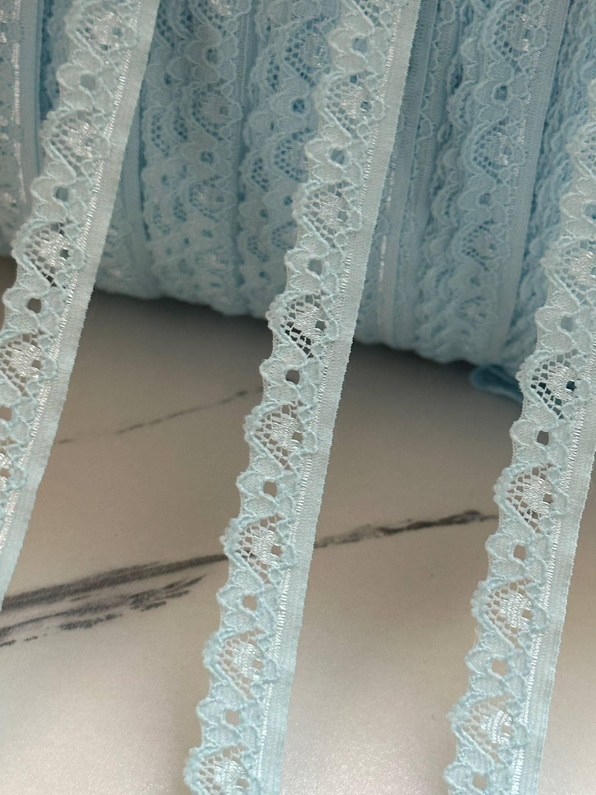 Soft Ice Blue Floral Stretch Lace Trim by the Yard, Narrow Scalloped Elastic Ribbon for Coquette Lingerie Crafts, 0.5",Retail Wholesale Bulk
