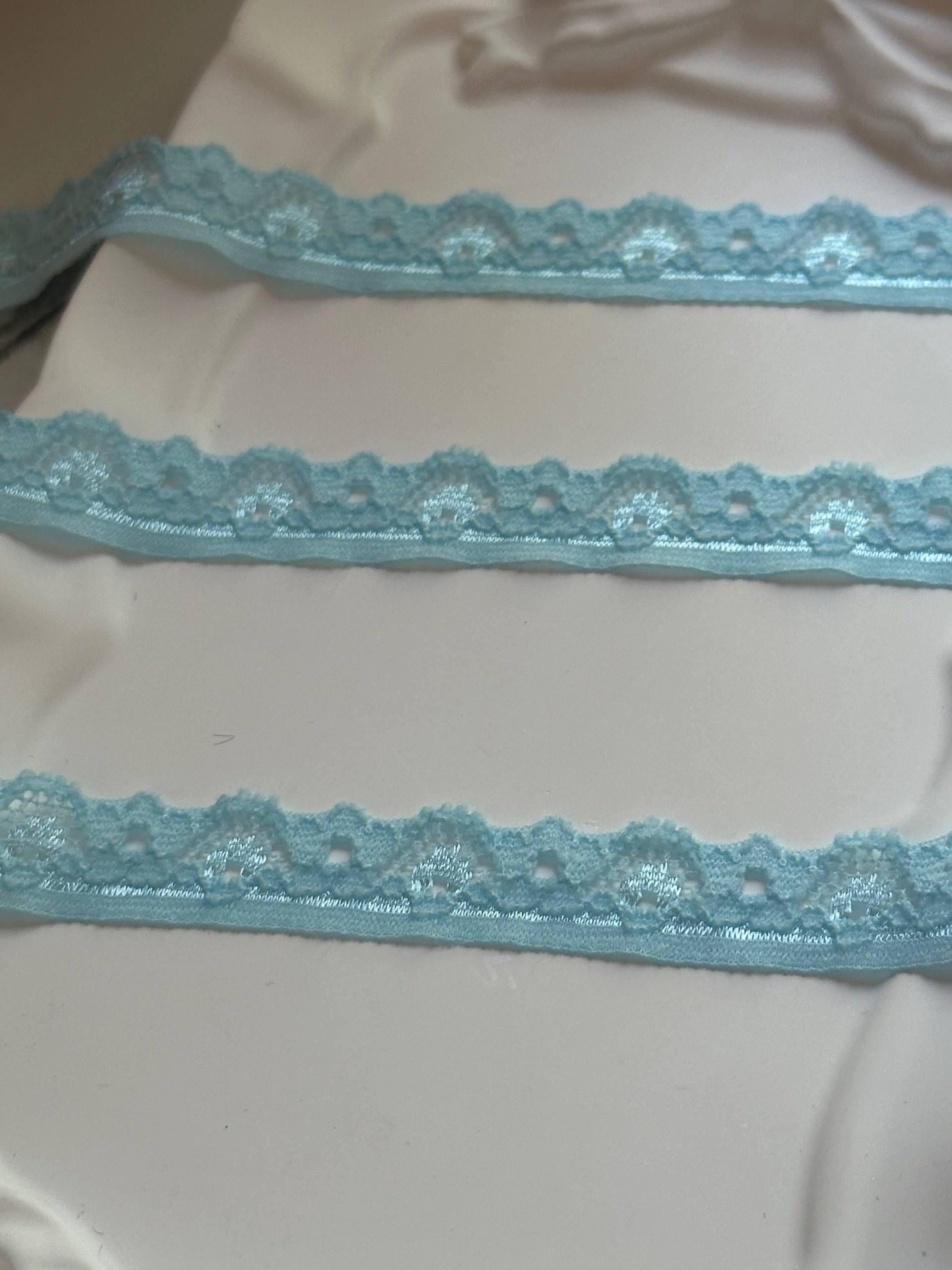 Soft Ice Blue Floral Stretch Lace Trim by the Yard, Narrow Scalloped Elastic Ribbon for Coquette Lingerie Crafts, 0.5",Retail Wholesale Bulk