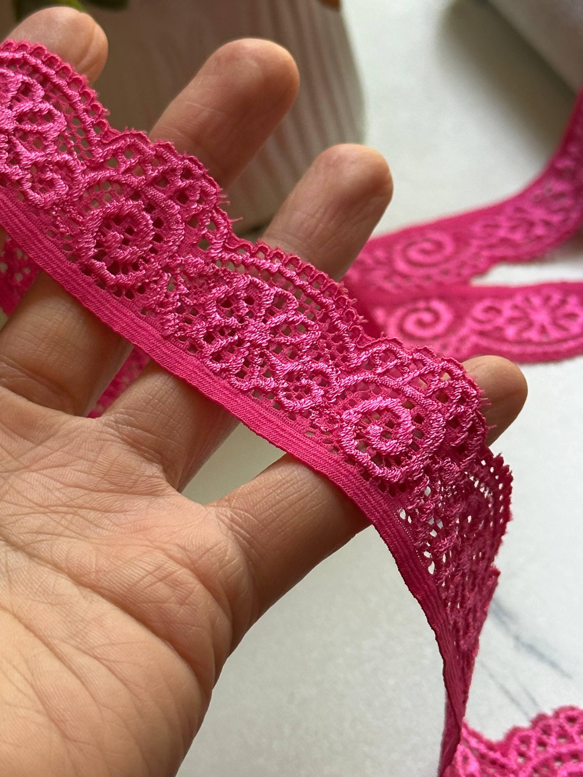 Vibrant Hot Fuchsia Pink Floral Stretch Lace Trim by the Yard, Scalloped Elastic Ribbon for Coquette Crafts, 1.1", Retail Wholesale Bulk