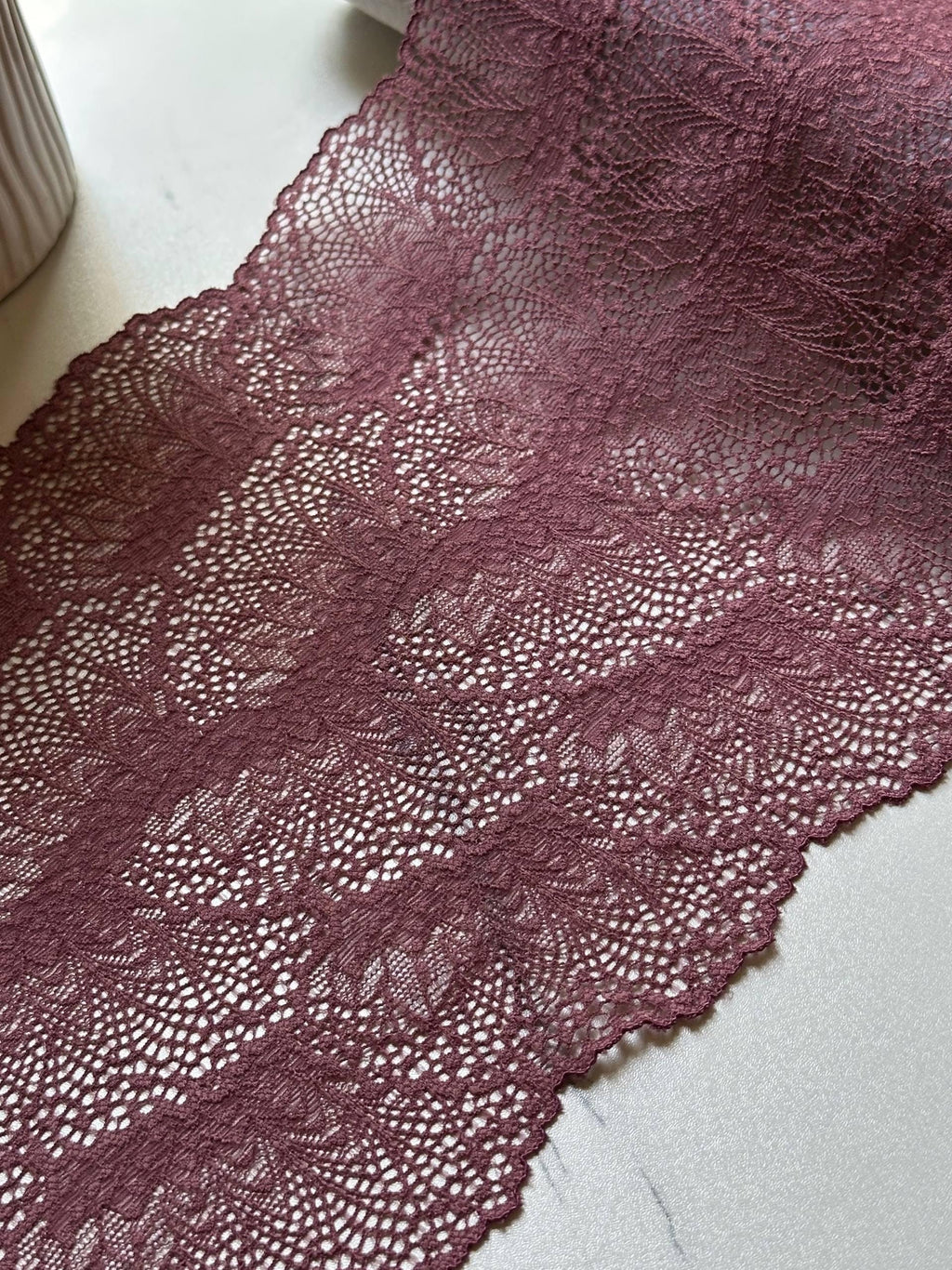 Soft Dusty Plum Rose Wide Stretch Lace Trim by the Yard, Floral Scalloped Elastic Ribbon, 7.5", Retail Wholesale Bulk