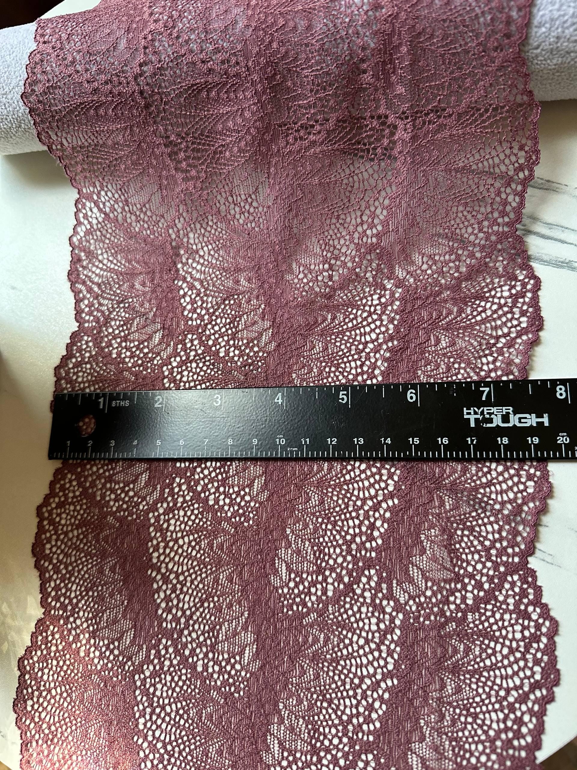 Soft Dusty Plum Rose Wide Stretch Lace Trim by the Yard, Floral Scalloped Elastic Ribbon, 7.5", Retail Wholesale Bulk