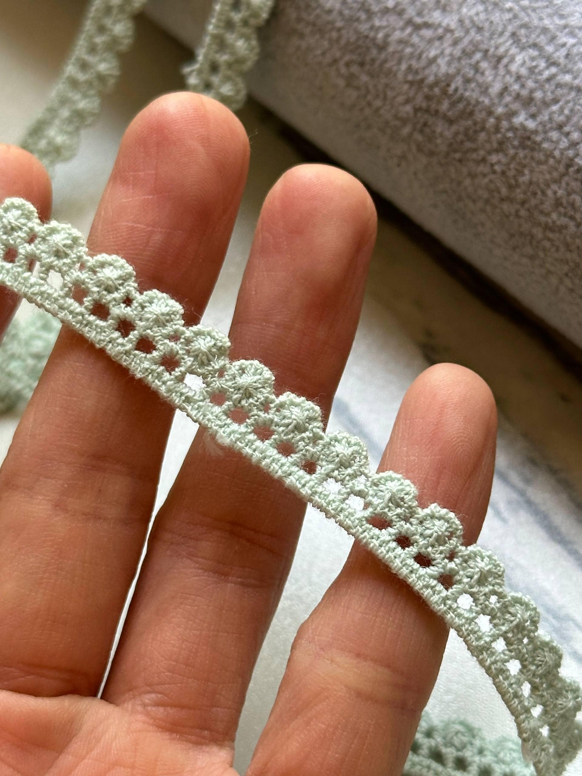 Soft Sage Green Cotton Crochet Flower Lace Trim by the Yard, Narrow Floral Scalloped Ribbon for Crafts, 0.35", Retail Wholesale Bulk
