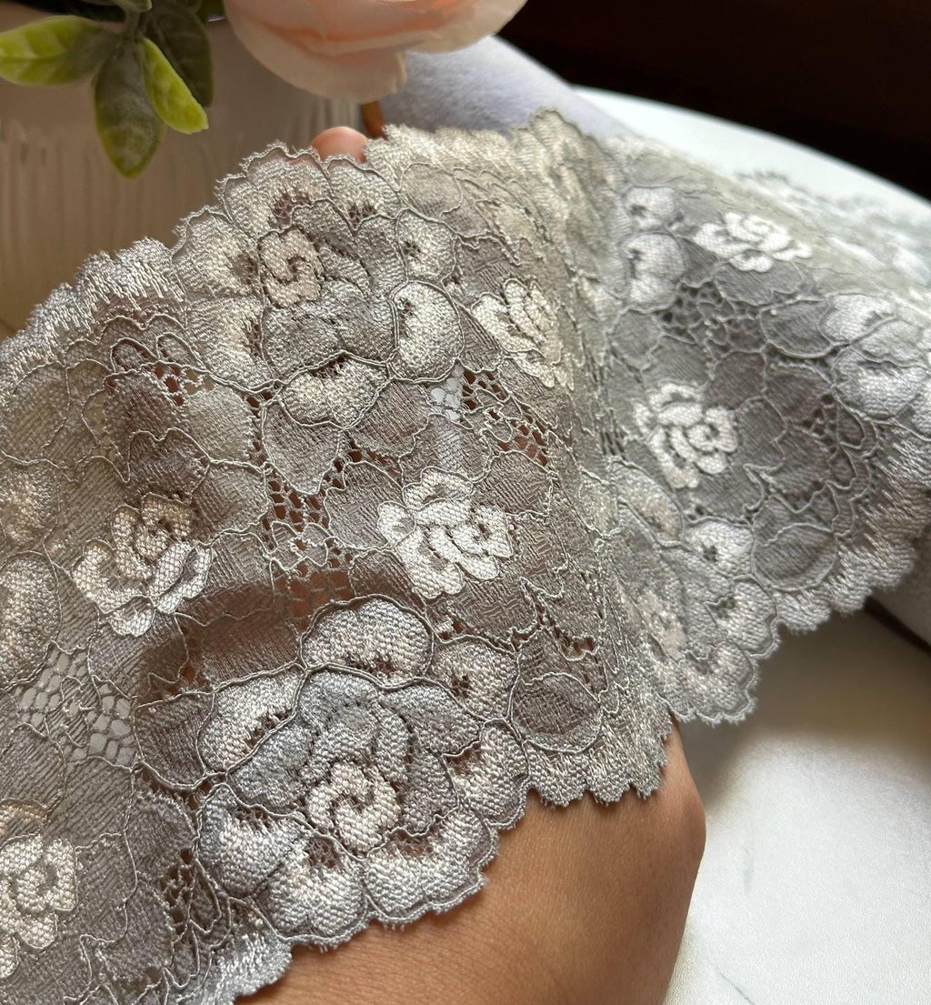 Silver Grey Corded Rose Floral Lace Trim by the Yard, Structured Slight Stretch Ribbon for Crafts, 5", Retail Wholesale Bulk