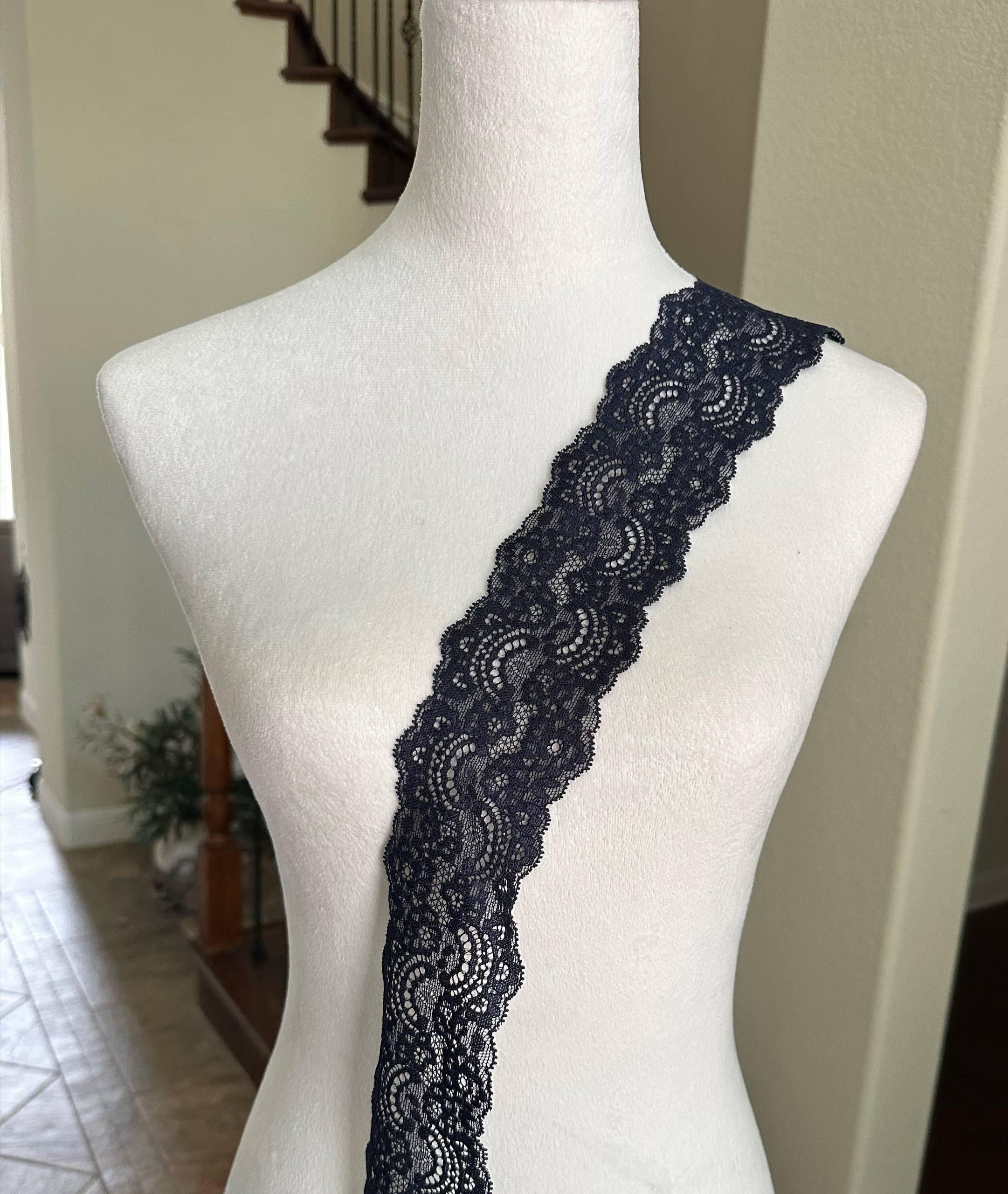 Deep Navy Blue Floral Stretch Elastic Lace Trim Symmetrical Double Scalloped Wide Galloon Ribbon for Lingerie Underwear Crafts, 2.35"