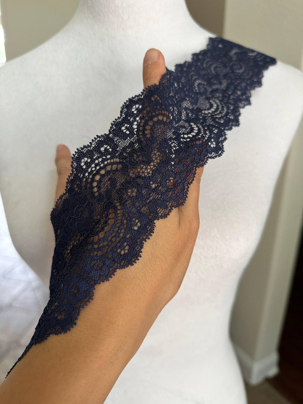 Deep Navy Blue Floral Stretch Elastic Lace Trim Symmetrical Double Scalloped Wide Galloon Ribbon for Lingerie Underwear Crafts, 2.35"