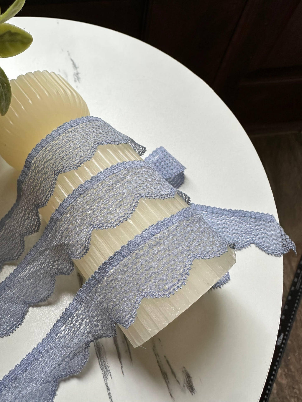 Dusty Slate Blue Gray Point d'Esprit Dot Stretch Elastic Lace Trim Symmetrical Double Scalloped Narrow Ribbon for Lingerie Crafts, 1"