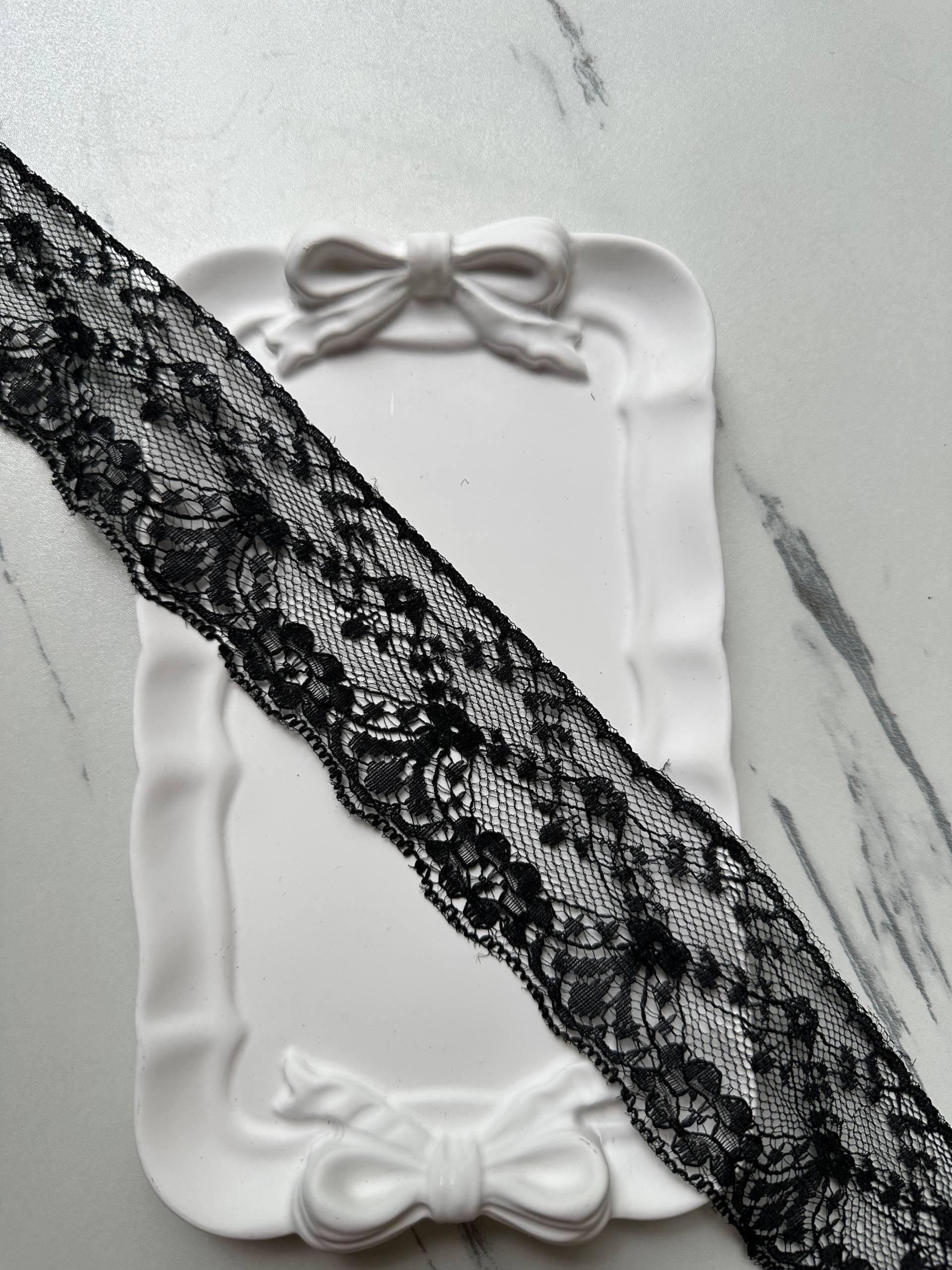 Classic Onyx Black Floral Non Stretch Lace Trim Symmetrical Double Scalloped Galloon Ribbon for Gowns Blouses Crafts Sewing, 1.75"