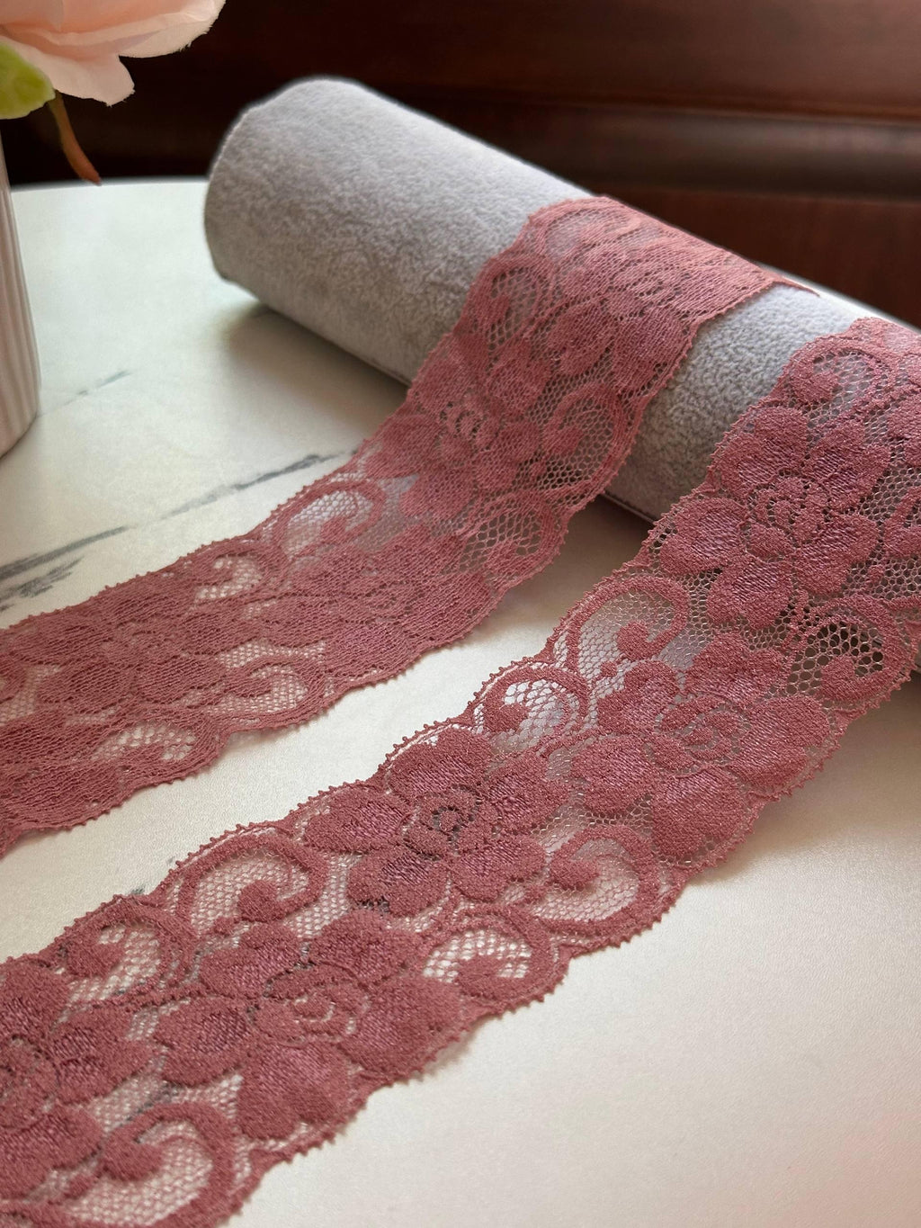 Soft Dusty Rose Floral Scalloped Stretch Lace Trim by the Yard, Elastic Ribbon for Coquette Crafts, 2.25", Retail Wholesale Bulk