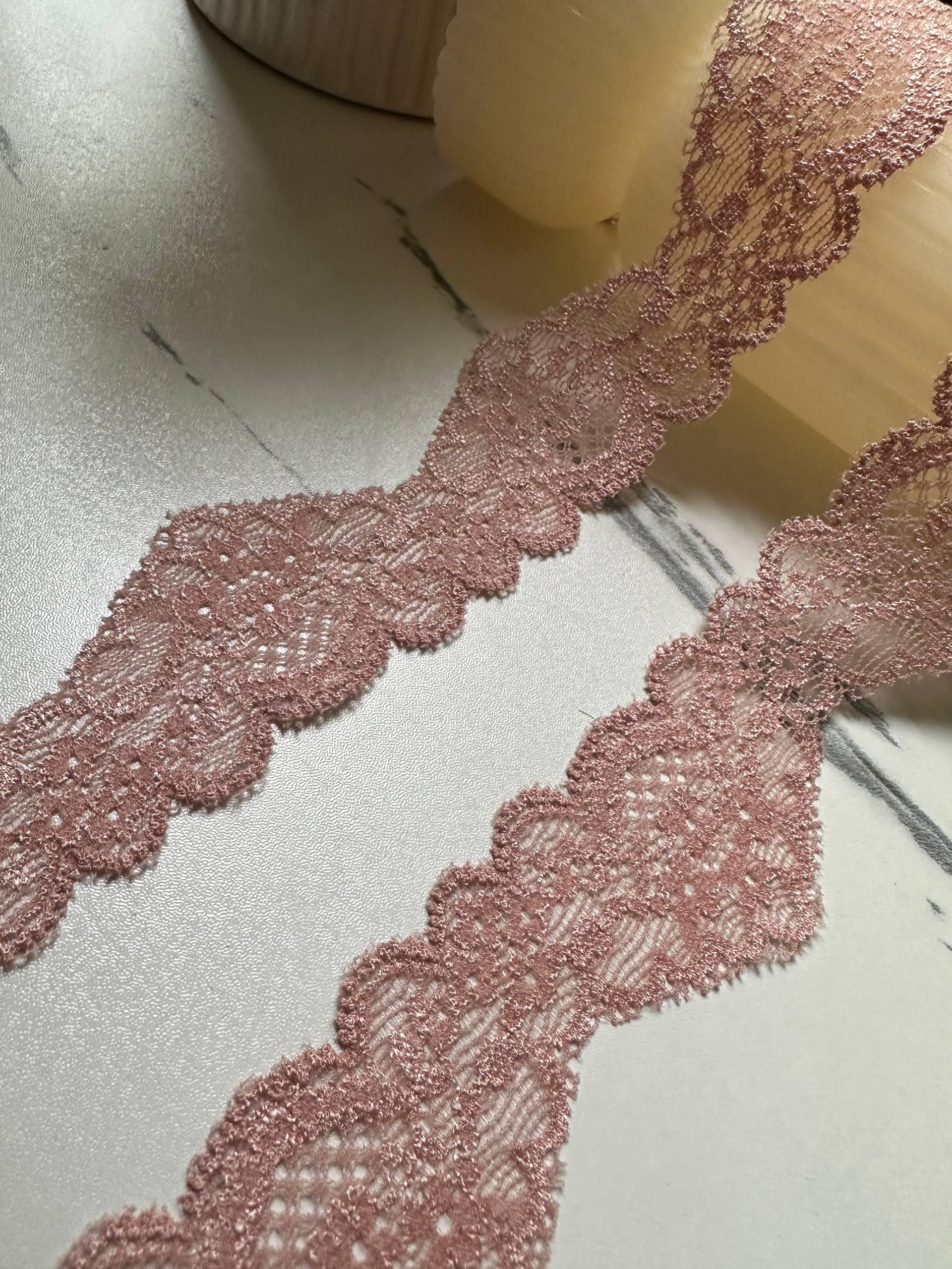 Dusty Ash Pink Floral Stretch Elastic Lace Trim Symmetrical Double Scalloped Galloon Ribbon for Lingerie Underwear Crafts, 1.3"