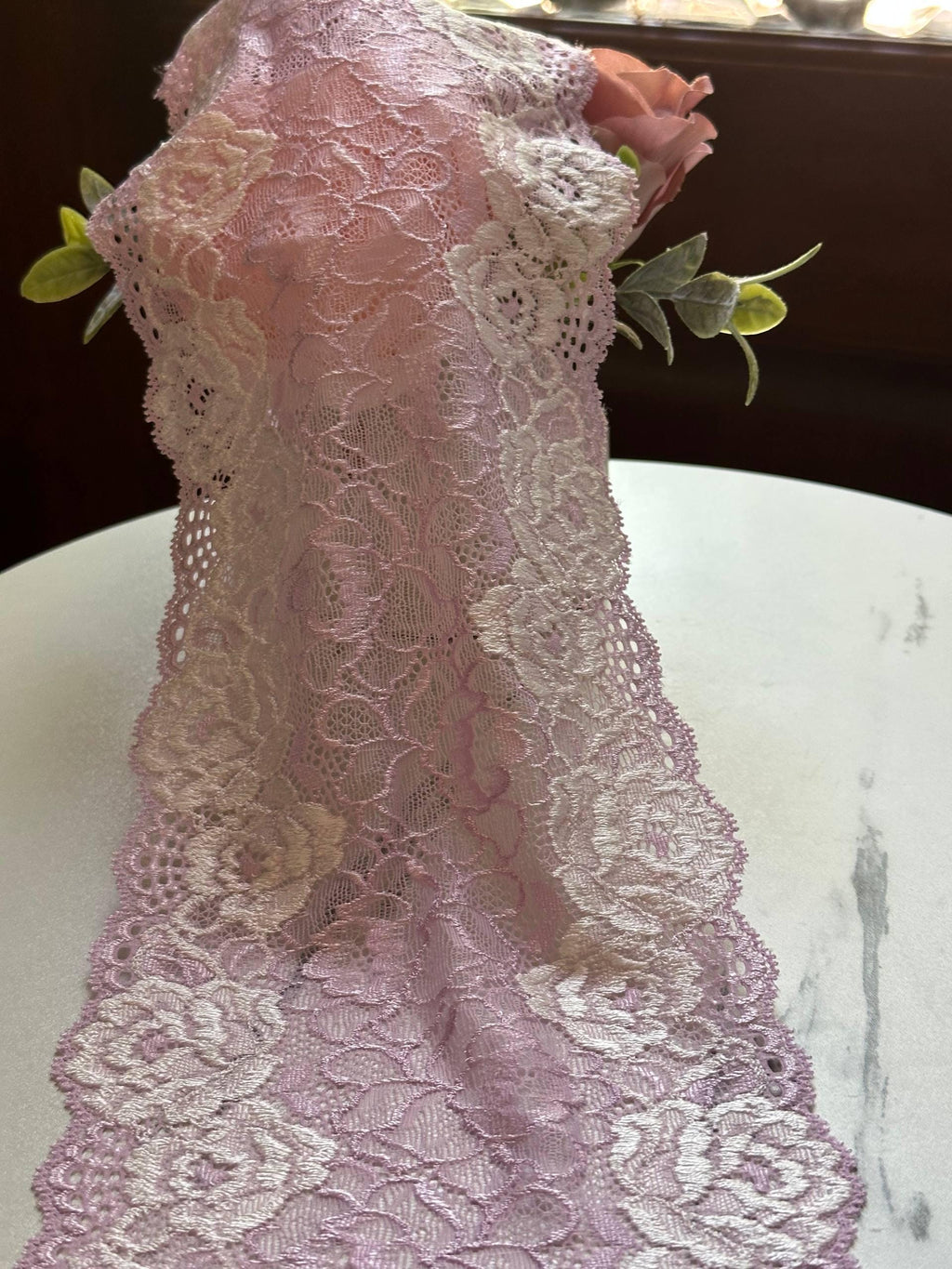 Soft Lavender Pink Two Tone Wide Floral Stretch Lace Trim by the Yard, Scalloped Elastic Ribbon, 5.7", Retail Wholesale Bulk