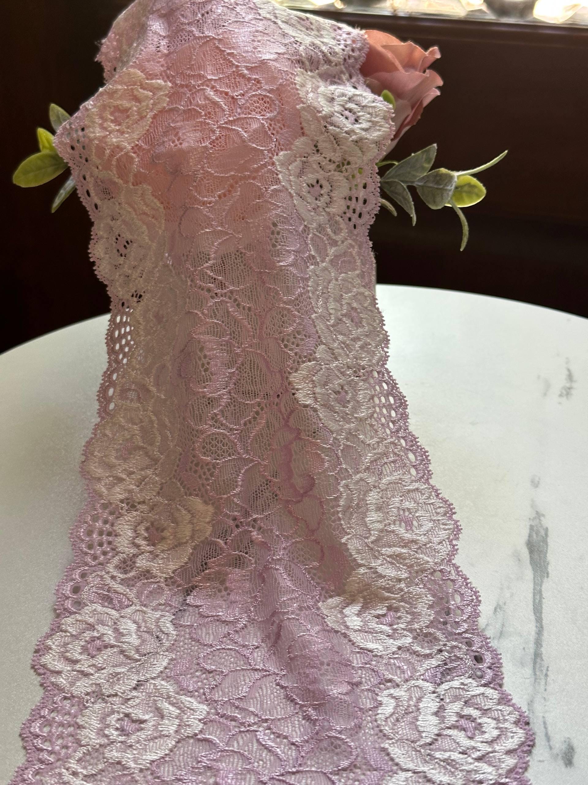 Soft Lavender Pink Two Tone Wide Floral Stretch Lace Trim by the Yard, Scalloped Elastic Ribbon, 5.7", Retail Wholesale Bulk