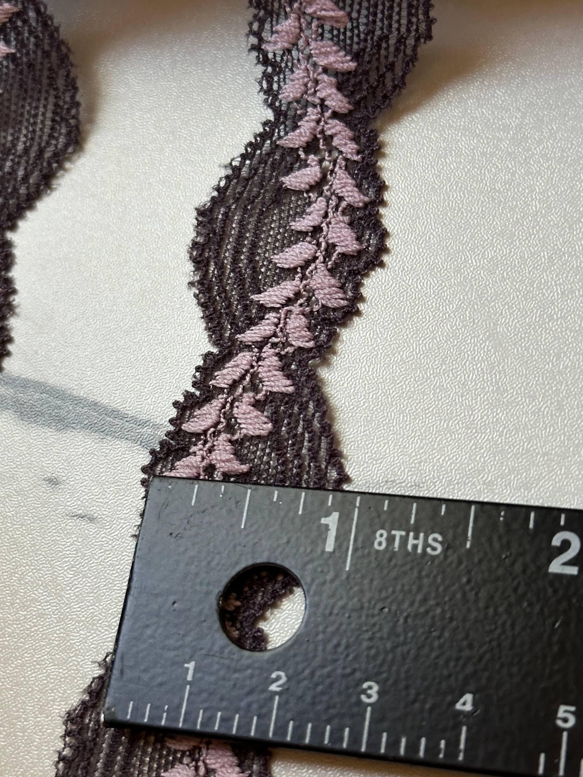 Soft Dusty Mauve on Dark Brown Leafy Vine Stretch Lace Trim by the Yard, Narrow Elastic Ribbon, 0.85", Retail Wholesale Bulk