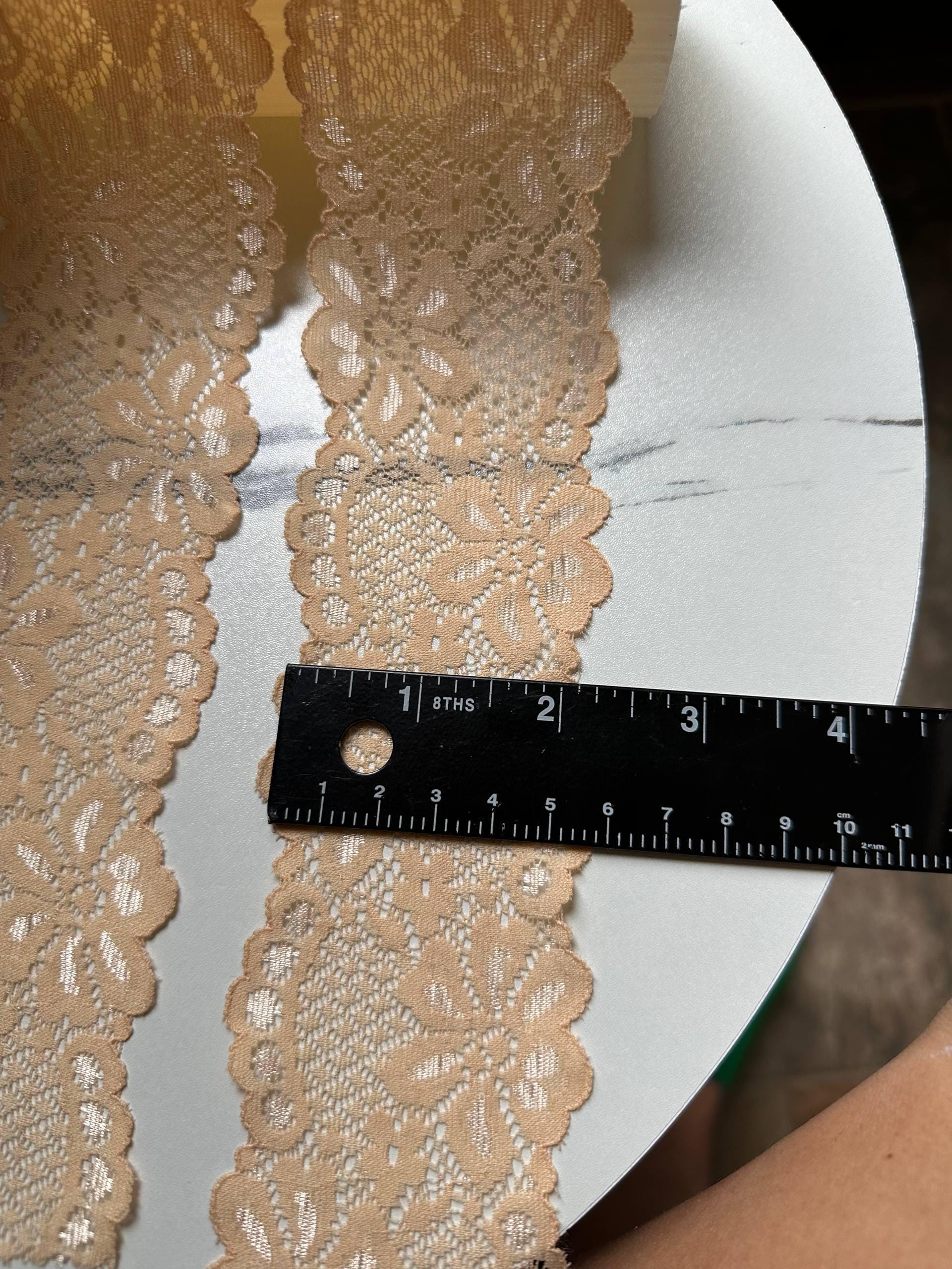 Muted Apricot Peach Floral Slight Stretch Lace Trim Symmetrical Double Scalloped Thin Galloon Ribbon for Lingerie Underwear Crafts, 2"
