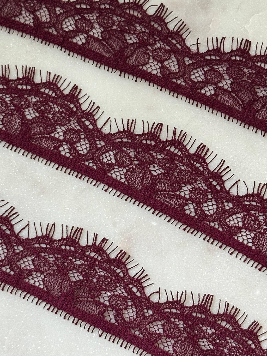 Soft Burgundy Wine Eyelash Floral Non-Stretch Lace Trim by the Yard, Scalloped Chantilly Ribbon, 1.1", Retail Wholesale Bulk
