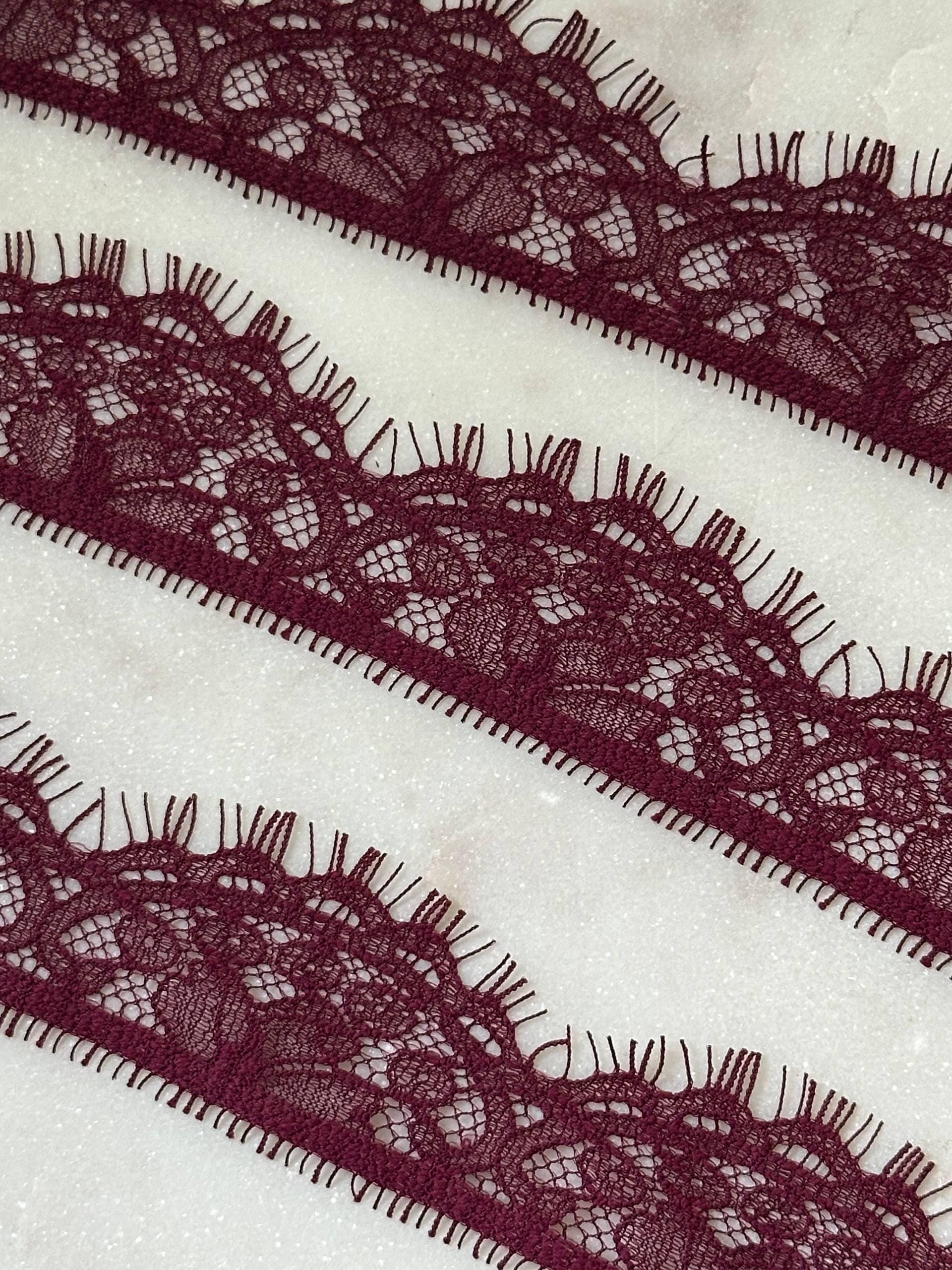Soft Burgundy Wine Eyelash Floral Non-Stretch Lace Trim by the Yard, Scalloped Chantilly Ribbon, 1.1", Retail Wholesale Bulk