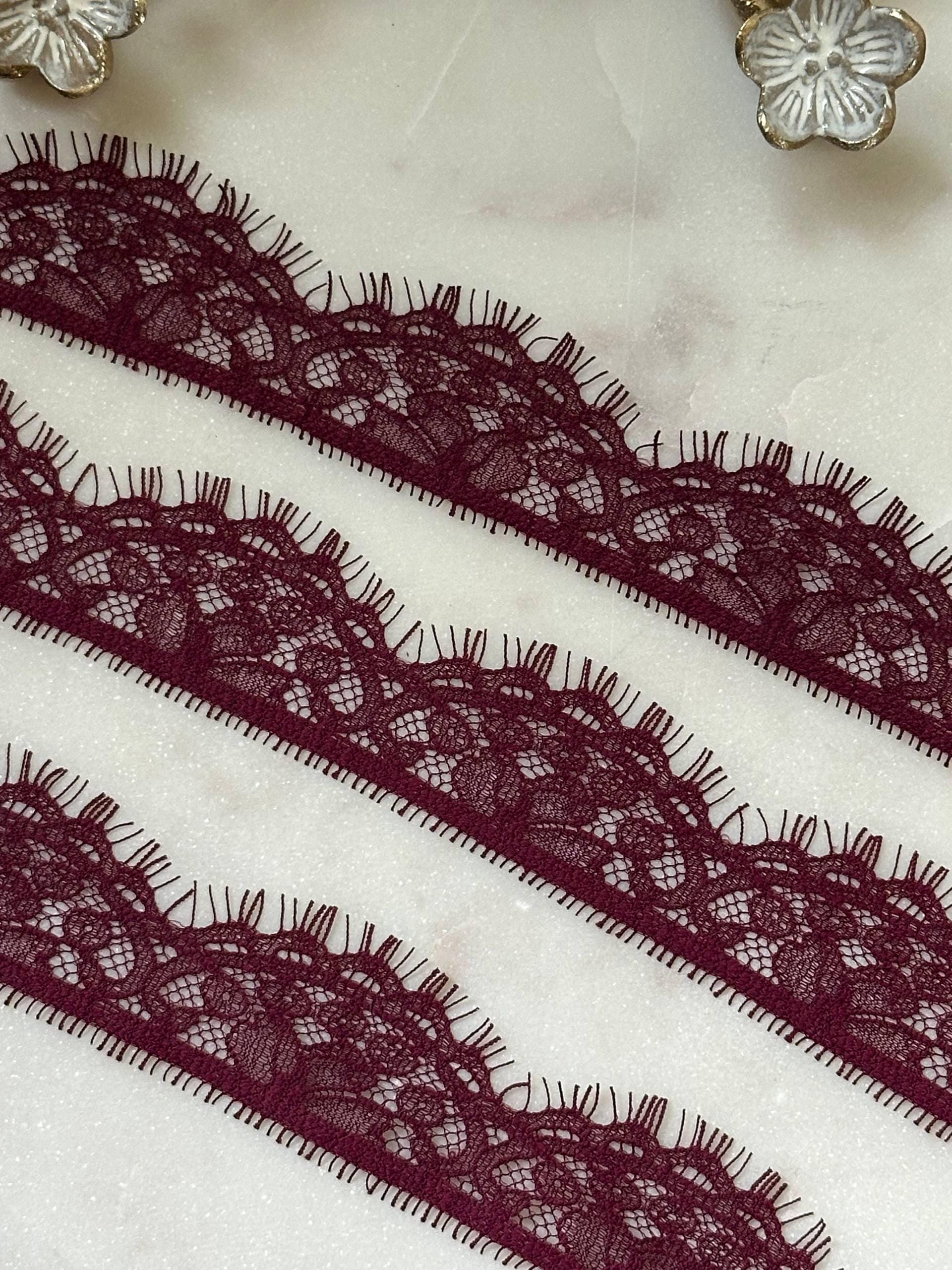 Soft Burgundy Wine Eyelash Floral Non-Stretch Lace Trim by the Yard, Scalloped Chantilly Ribbon, 1.1", Retail Wholesale Bulk