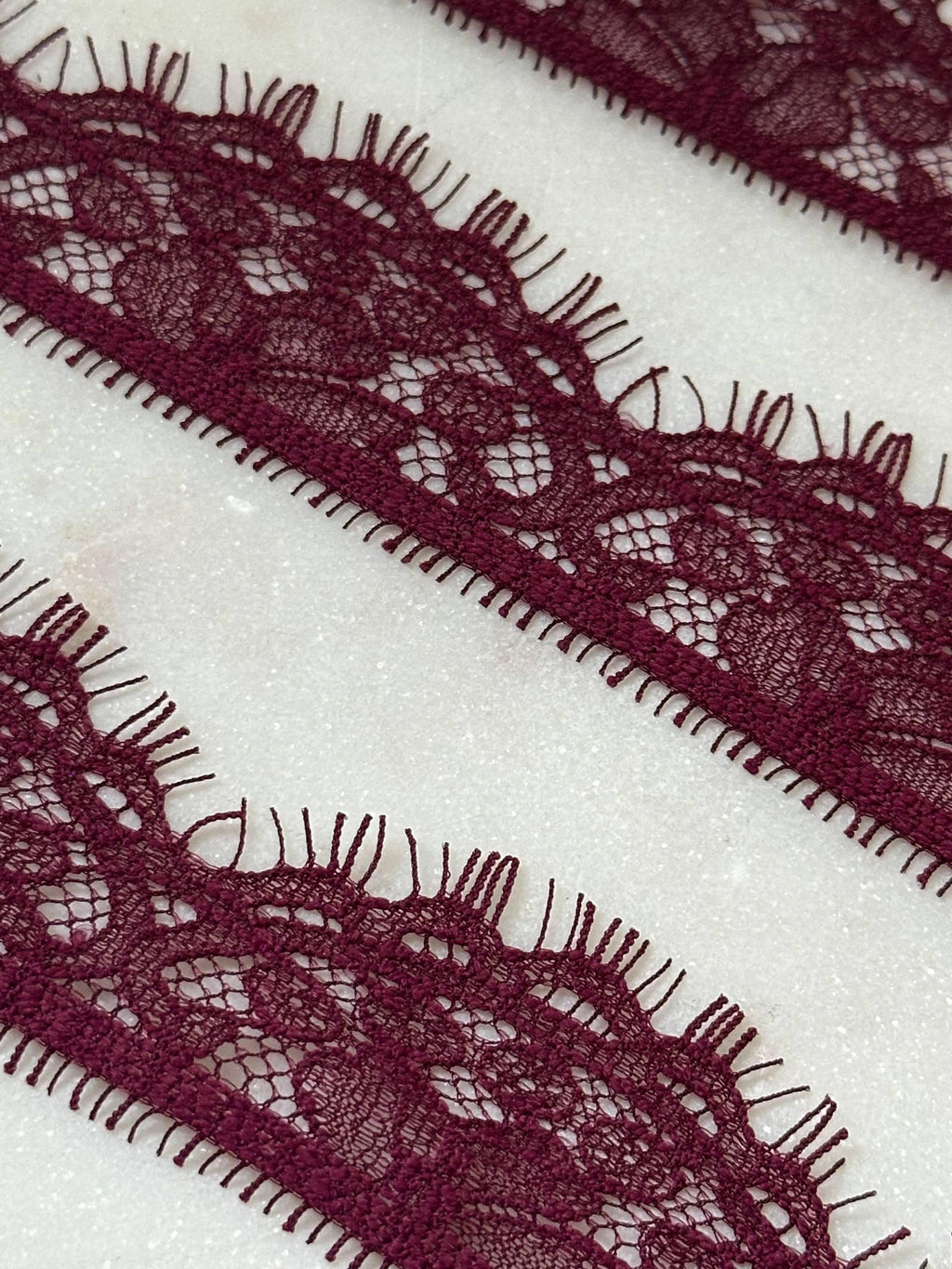 Soft Burgundy Wine Eyelash Floral Non-Stretch Lace Trim by the Yard, Scalloped Chantilly Ribbon, 1.1", Retail Wholesale Bulk