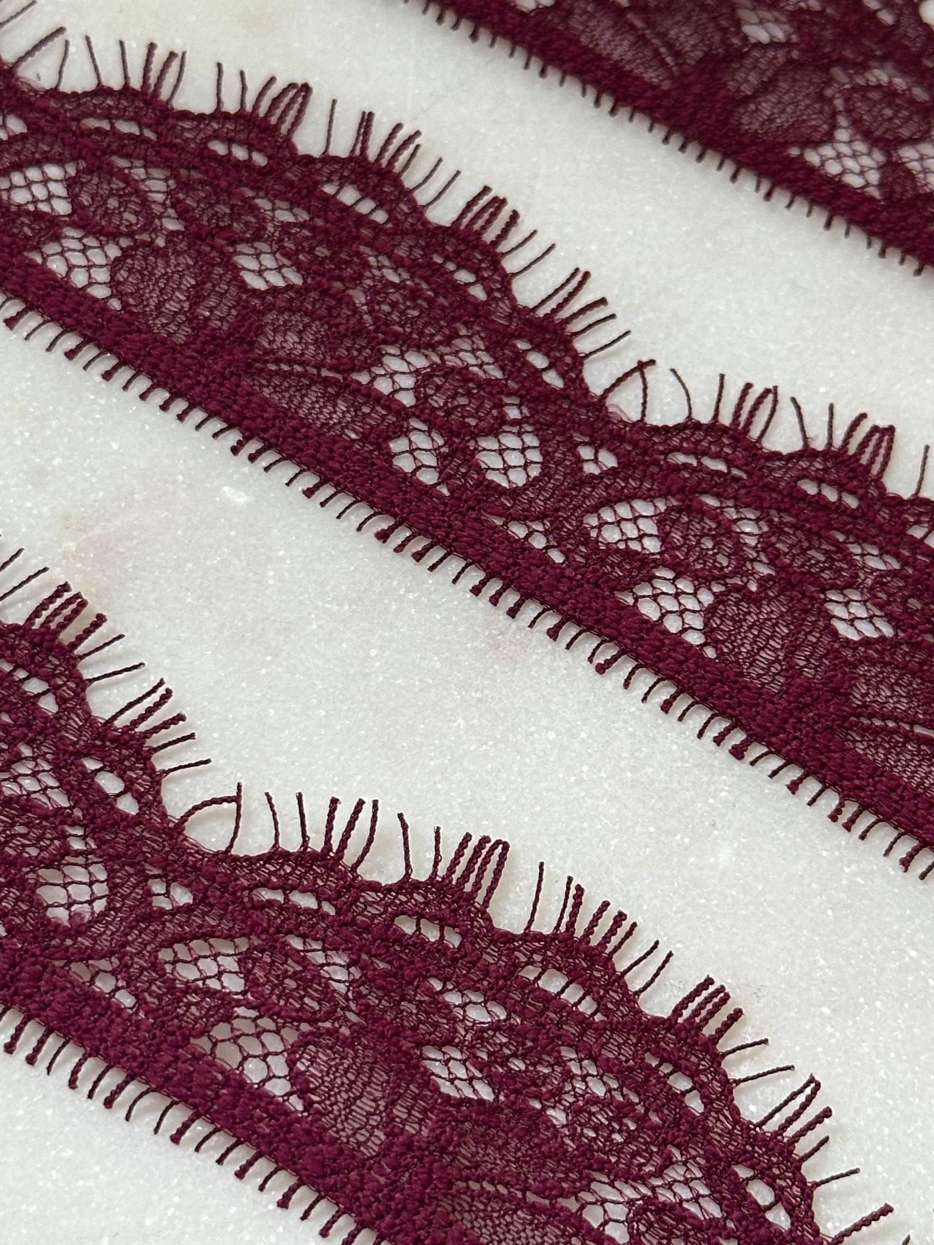 Soft Burgundy Wine Eyelash Floral Non-Stretch Lace Trim by the Yard, Scalloped Chantilly Ribbon, 1.1", Retail Wholesale Bulk