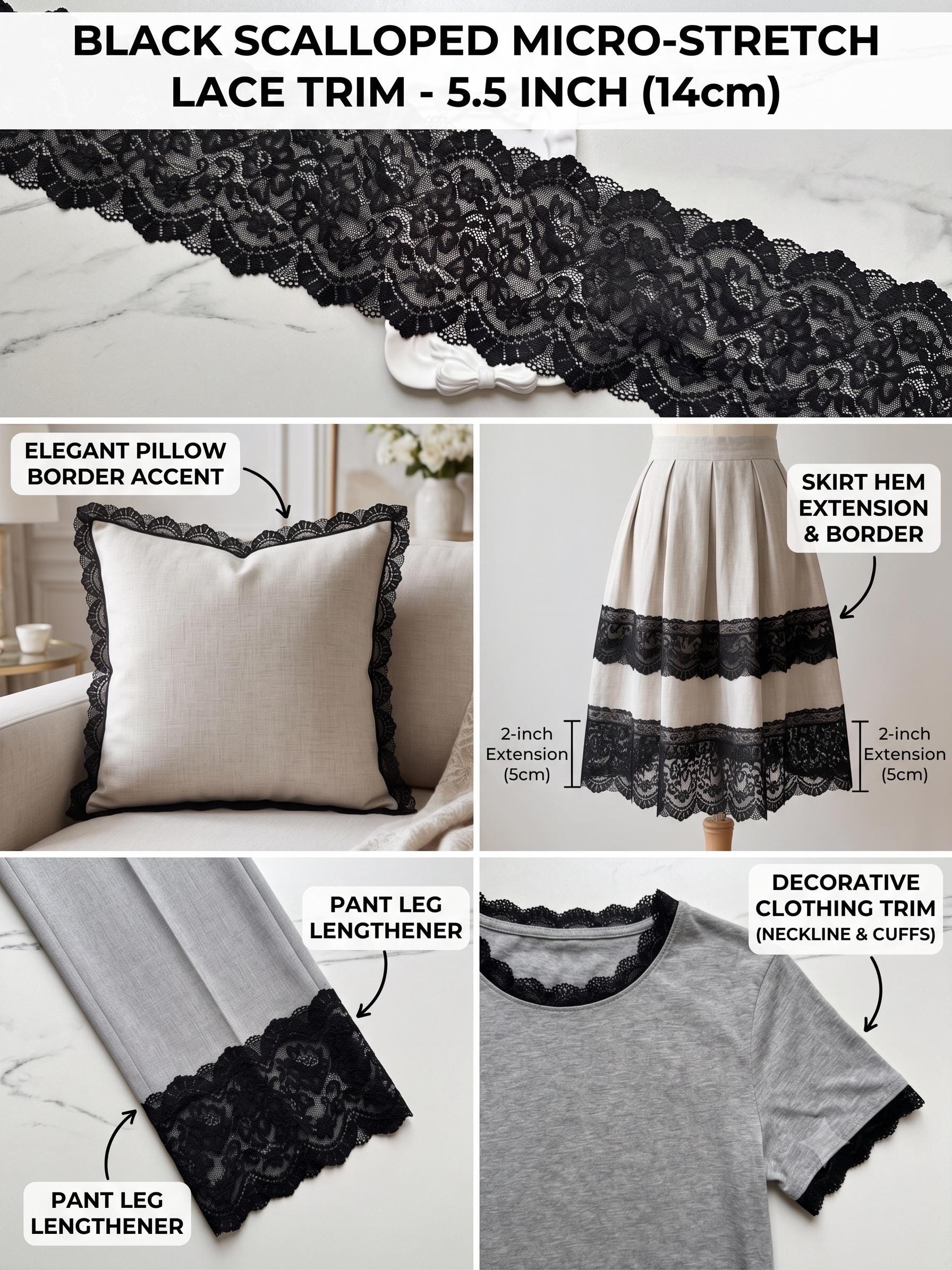 Classic Onyx Black Cordonnet Corded Slight Stretch Lace Trim Symmetrical Double Scalloped Extra Wide Galloon  for Corsets Gowns Crafts, 5.5"