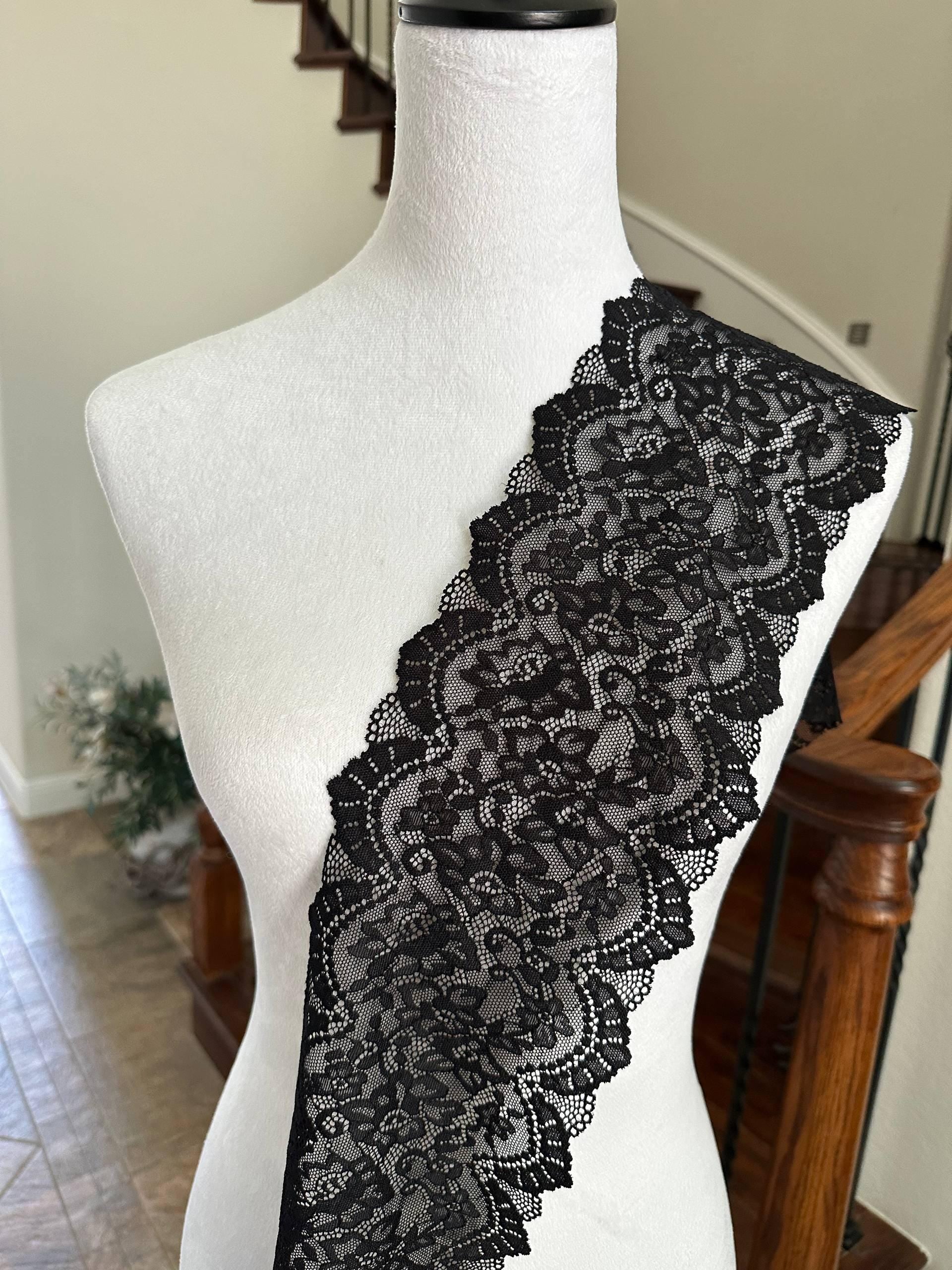 Classic Onyx Black Cordonnet Corded Slight Stretch Lace Trim Symmetrical Double Scalloped Extra Wide Galloon  for Corsets Gowns Crafts, 5.5"