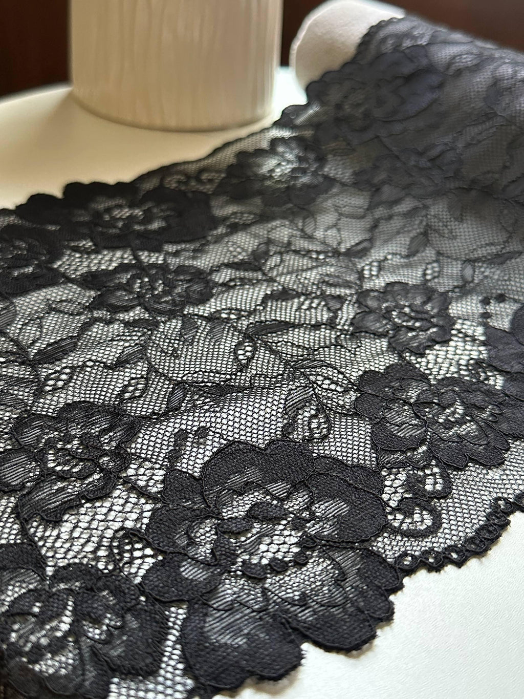 Classic Onyx Black Floral Soft Stretch Elastic Lace Trim Symmetrical Double Scalloped Extra Wide Galloon for Lingerie Gowns Crafts, 8"