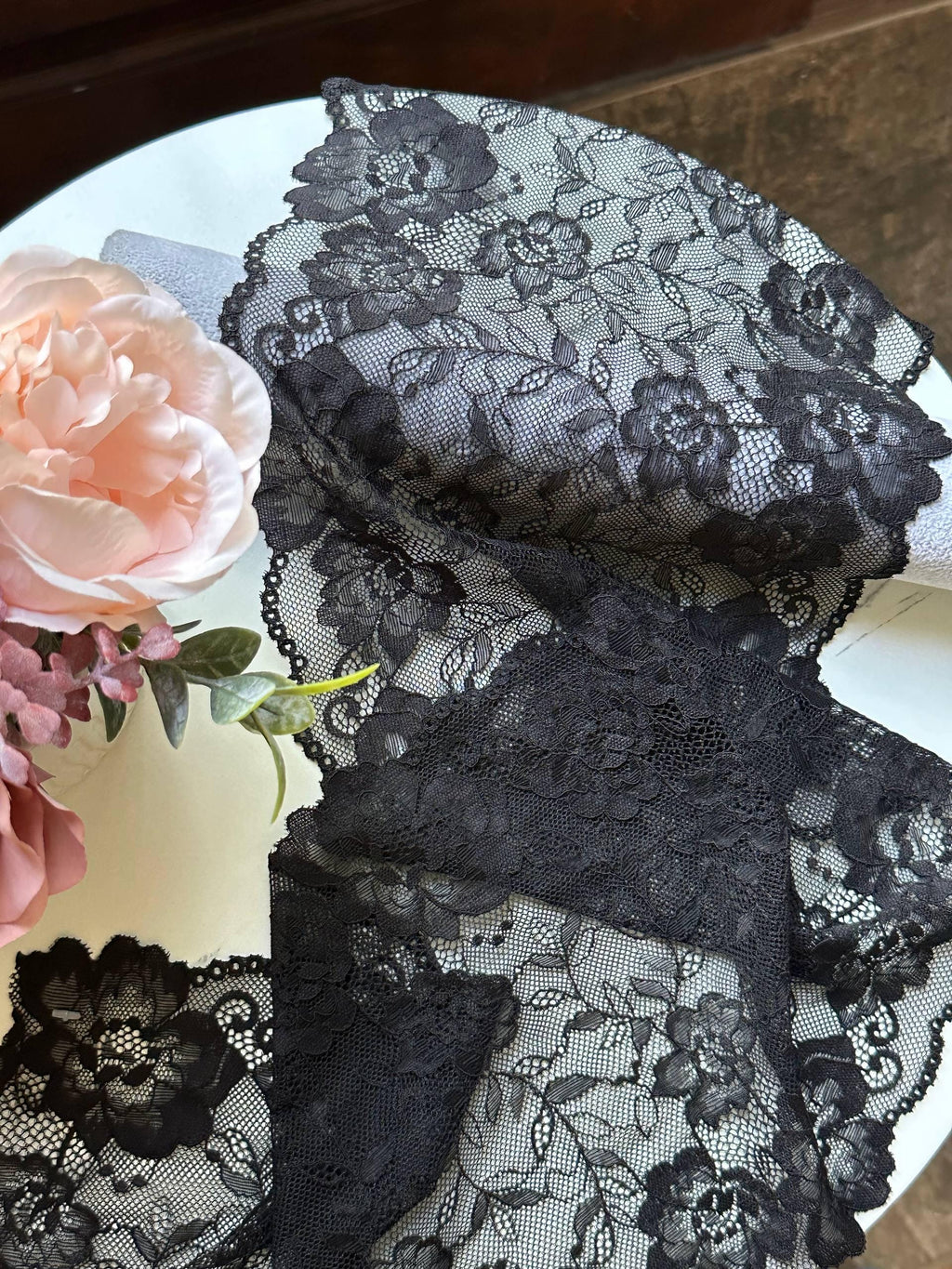 Classic Onyx Black Floral Soft Stretch Elastic Lace Trim Symmetrical Double Scalloped Extra Wide Galloon for Lingerie Gowns Crafts, 8"