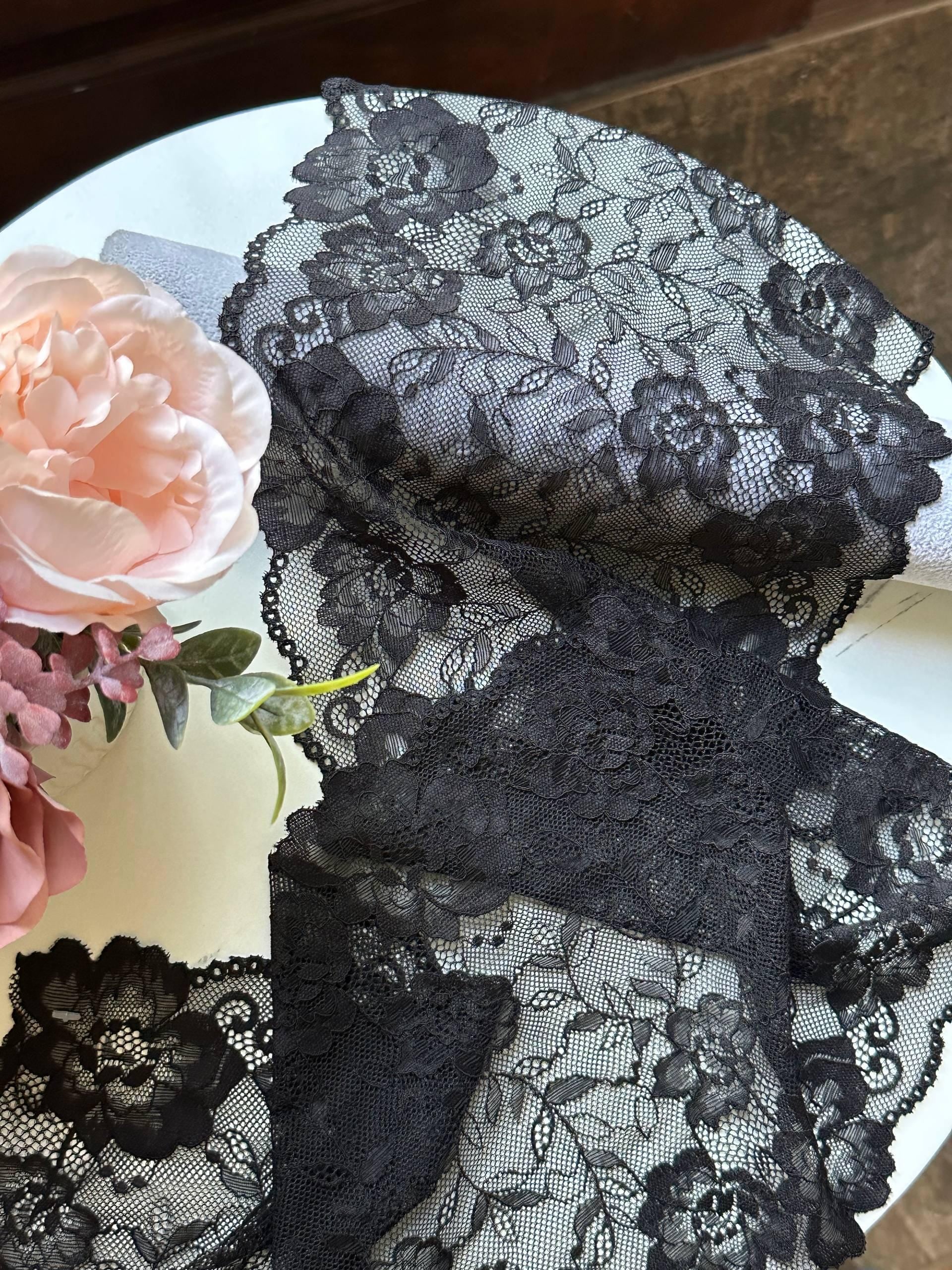 Classic Onyx Black Floral Soft Stretch Elastic Lace Trim Symmetrical Double Scalloped Extra Wide Galloon for Lingerie Gowns Crafts, 8"