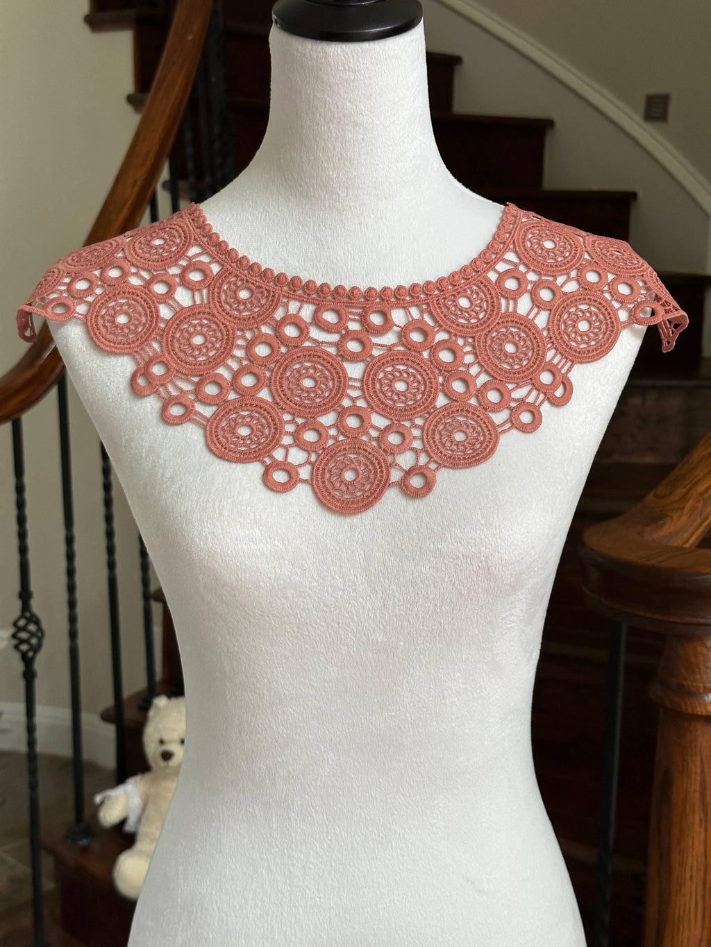Cinnamon Spice Terracotta Rose Guipure Water Soluble Lace Collar Applique Geometric Circle Embroidered Neckline Detachable Collar 12"x5.5"