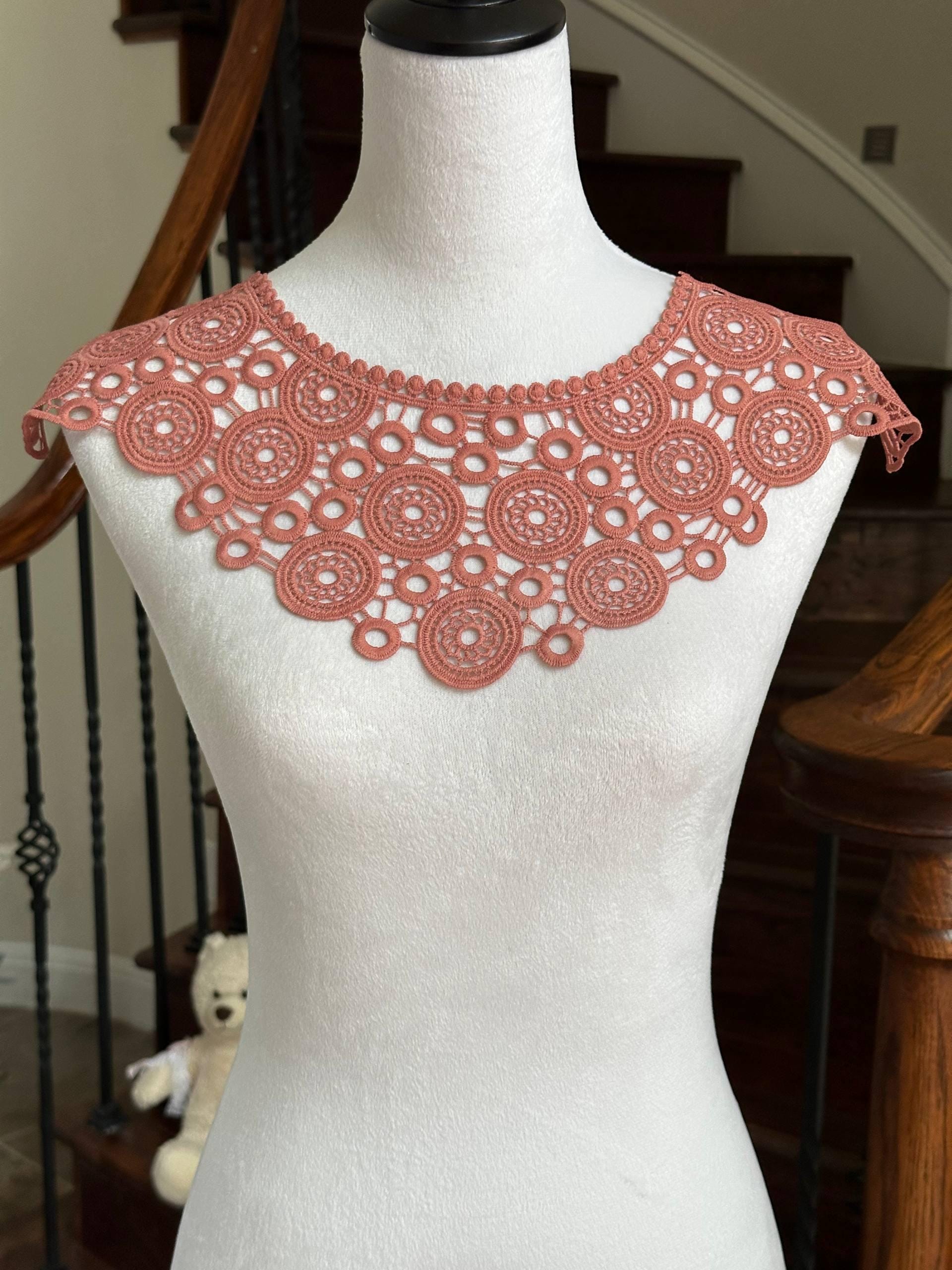 Cinnamon Spice Terracotta Rose Guipure Water Soluble Lace Collar Applique Geometric Circle Embroidered Neckline Detachable Collar 12"x5.5"