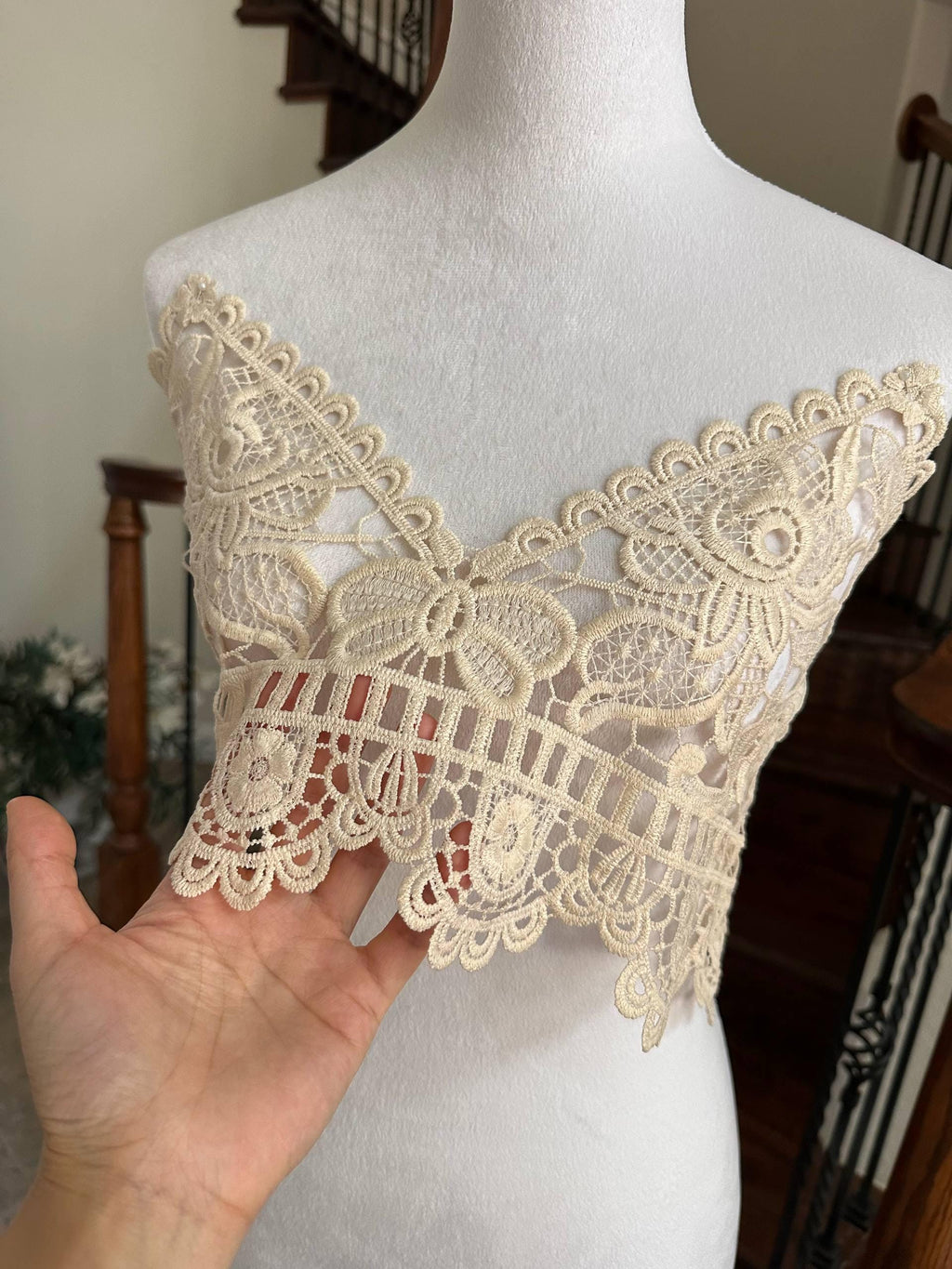 Vintage Cream Beige Guipure Water Soluble Lace Bodice Applique Motif Butterfly Floral Embroidered Front Panel for Camisole Blouse Sewing,20"
