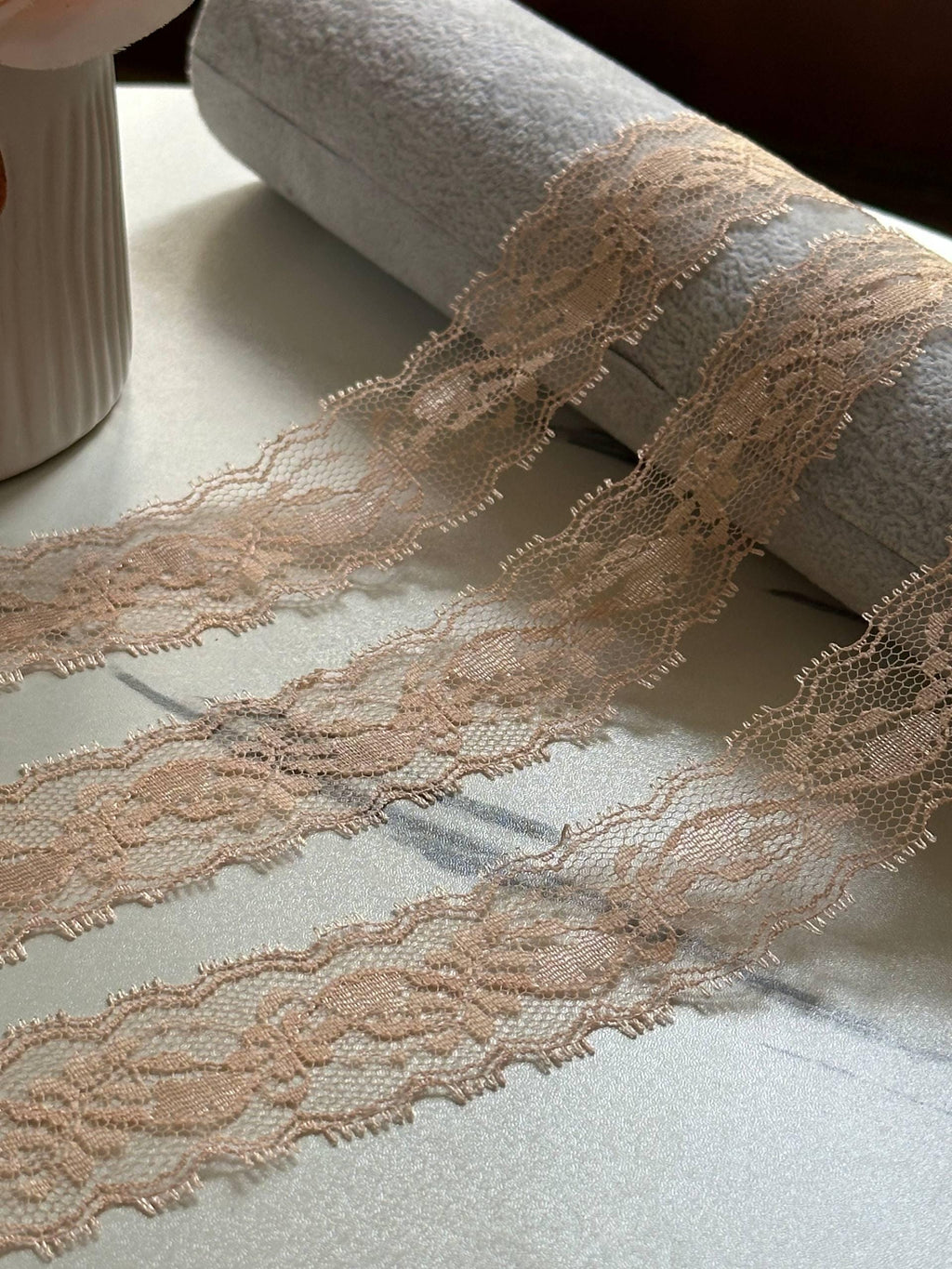 Soft Peach Nude Eyelash Floral Non-Stretch Lace Trim by the Yard, Scalloped Chantilly Ribbon for Crafts, 1.3", Retail Wholesale Bulk