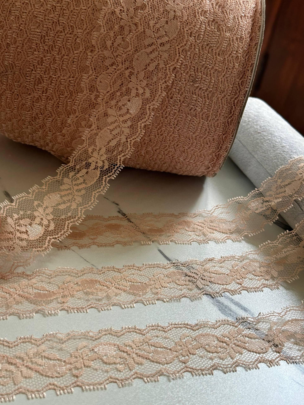Soft Peach Nude Eyelash Floral Non-Stretch Lace Trim by the Yard, Scalloped Chantilly Ribbon for Crafts, 1.3", Retail Wholesale Bulk