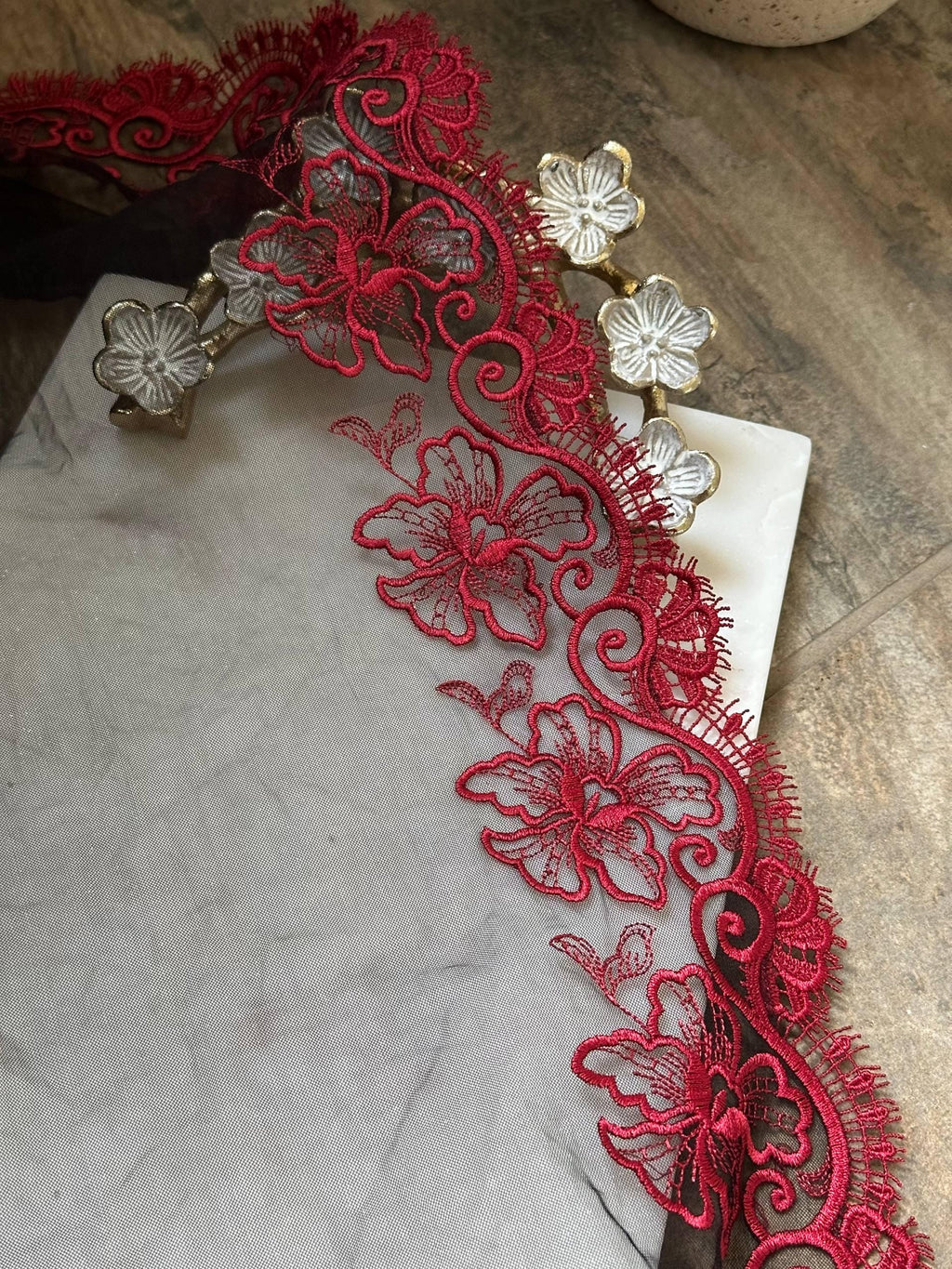 Crimson Red Floral Embroidered Organza Mesh Eyelash Lace Trim, 3" Floral 7" Total Wide Tulle Scalloped Ribbon, Retail Wholesale Bulk
