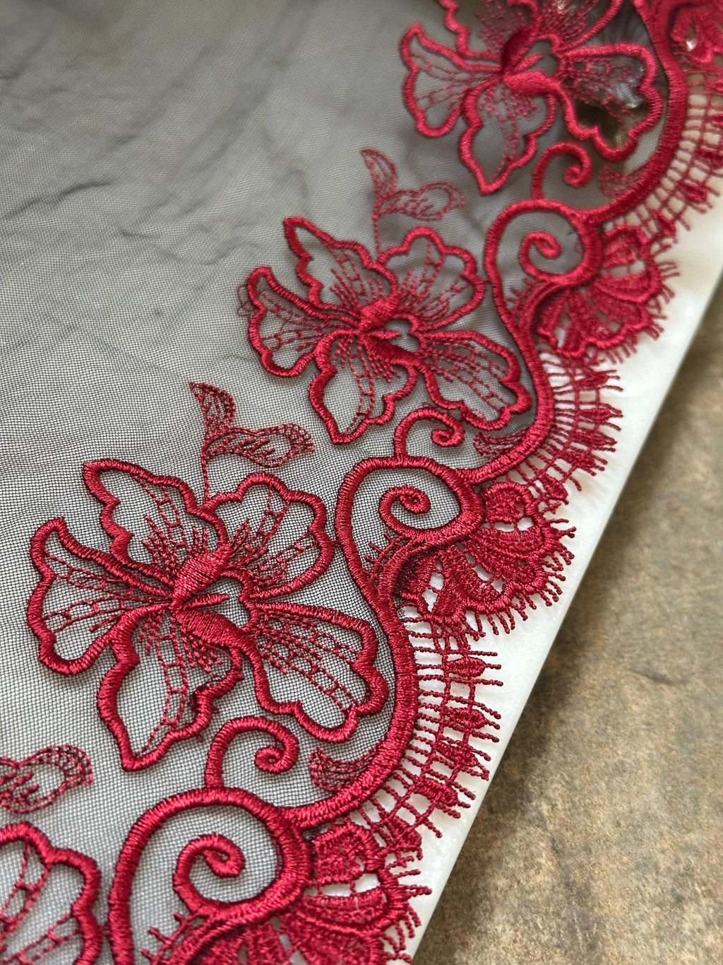 Crimson Red Floral Embroidered Organza Mesh Eyelash Lace Trim, 3" Floral 7" Total Wide Tulle Scalloped Ribbon, Retail Wholesale Bulk