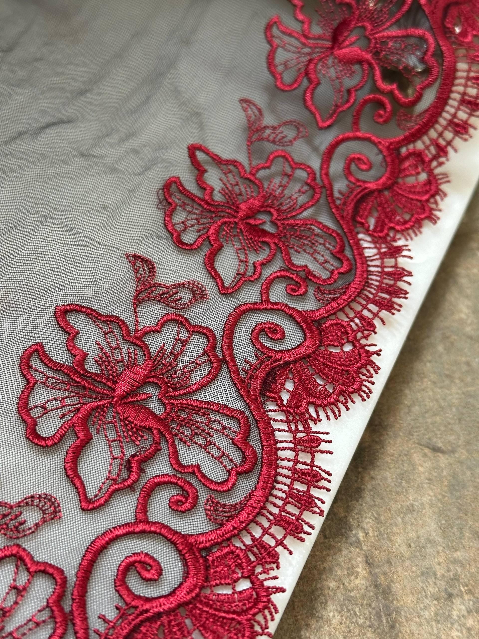 Crimson Red Floral Embroidered Organza Mesh Eyelash Lace Trim, 3" Floral 7" Total Wide Tulle Scalloped Ribbon, Retail Wholesale Bulk