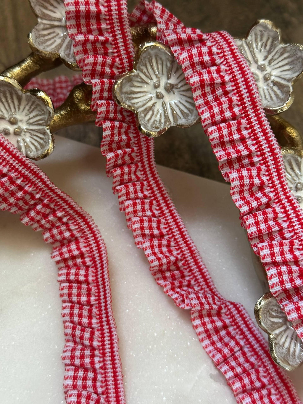 Soft Red White Gingham Plaid Gathered Elastic Trim by the Yard, Ruffled Ribbon for Doll Clothes & Headbands, 0.75", Retail Wholesale Bulk