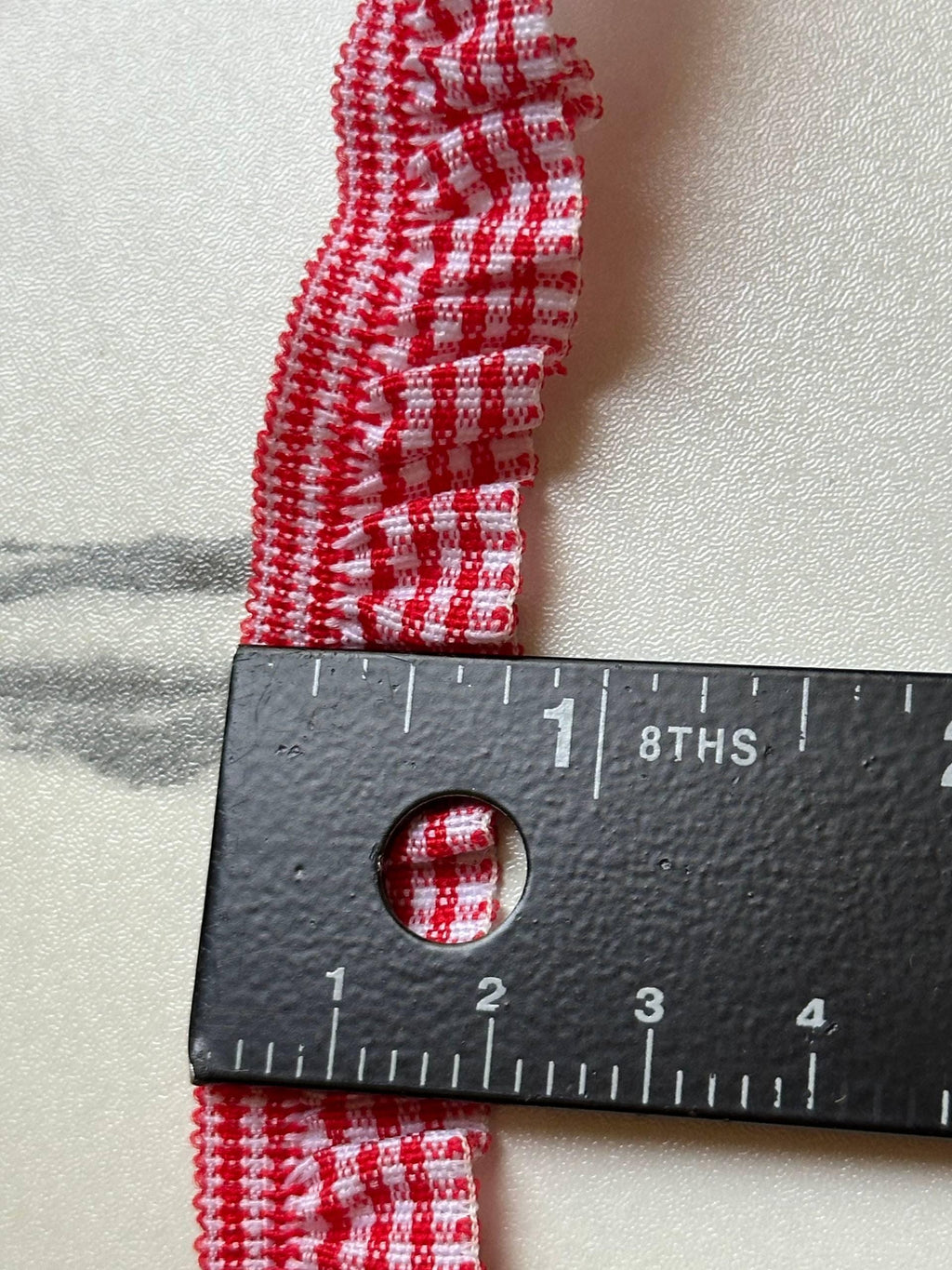 Soft Red White Gingham Plaid Gathered Elastic Trim by the Yard, Ruffled Ribbon for Doll Clothes & Headbands, 0.75", Retail Wholesale Bulk