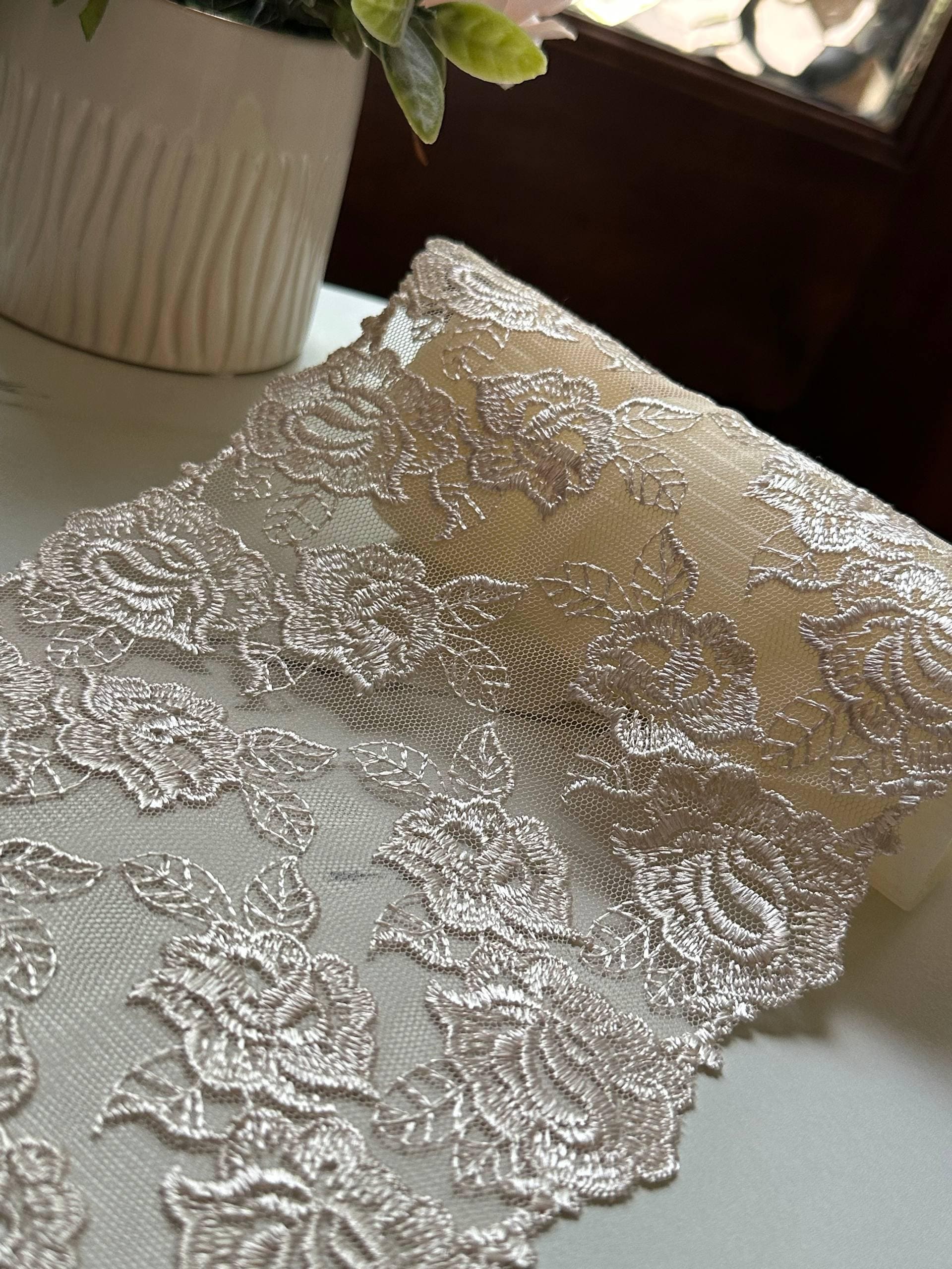 Vintage Oatmeal Cream Mesh Floral Embroidered Lace Trim Symmetrical Double Scalloped Wide Galloon Ribbon for Corsets Gowns Crafts, 6"