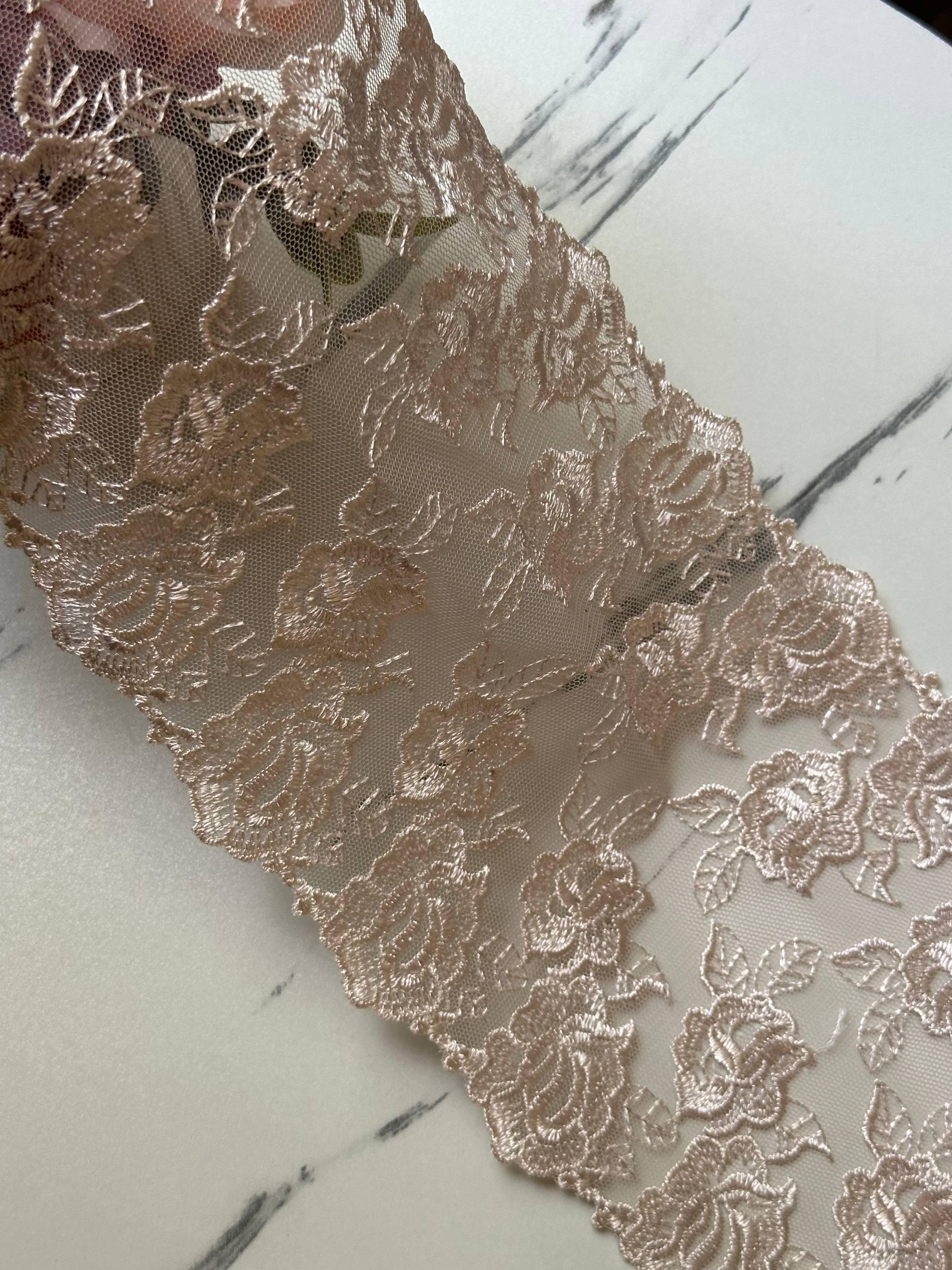 Vintage Oatmeal Cream Mesh Floral Embroidered Lace Trim Symmetrical Double Scalloped Wide Galloon Ribbon for Corsets Gowns Crafts, 6"