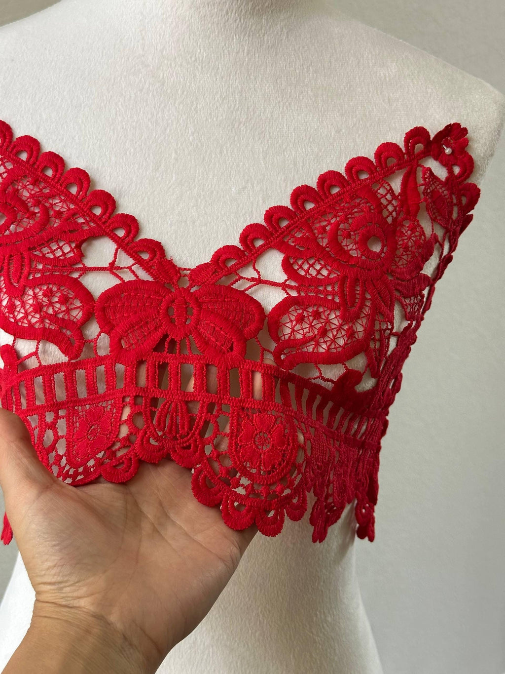 Muted Crimson Red Guipure Water Soluble Lace Bodice Applique Motif Butterfly Floral Embroidered Front Panel for Camisole Blouse Sewing, 20"