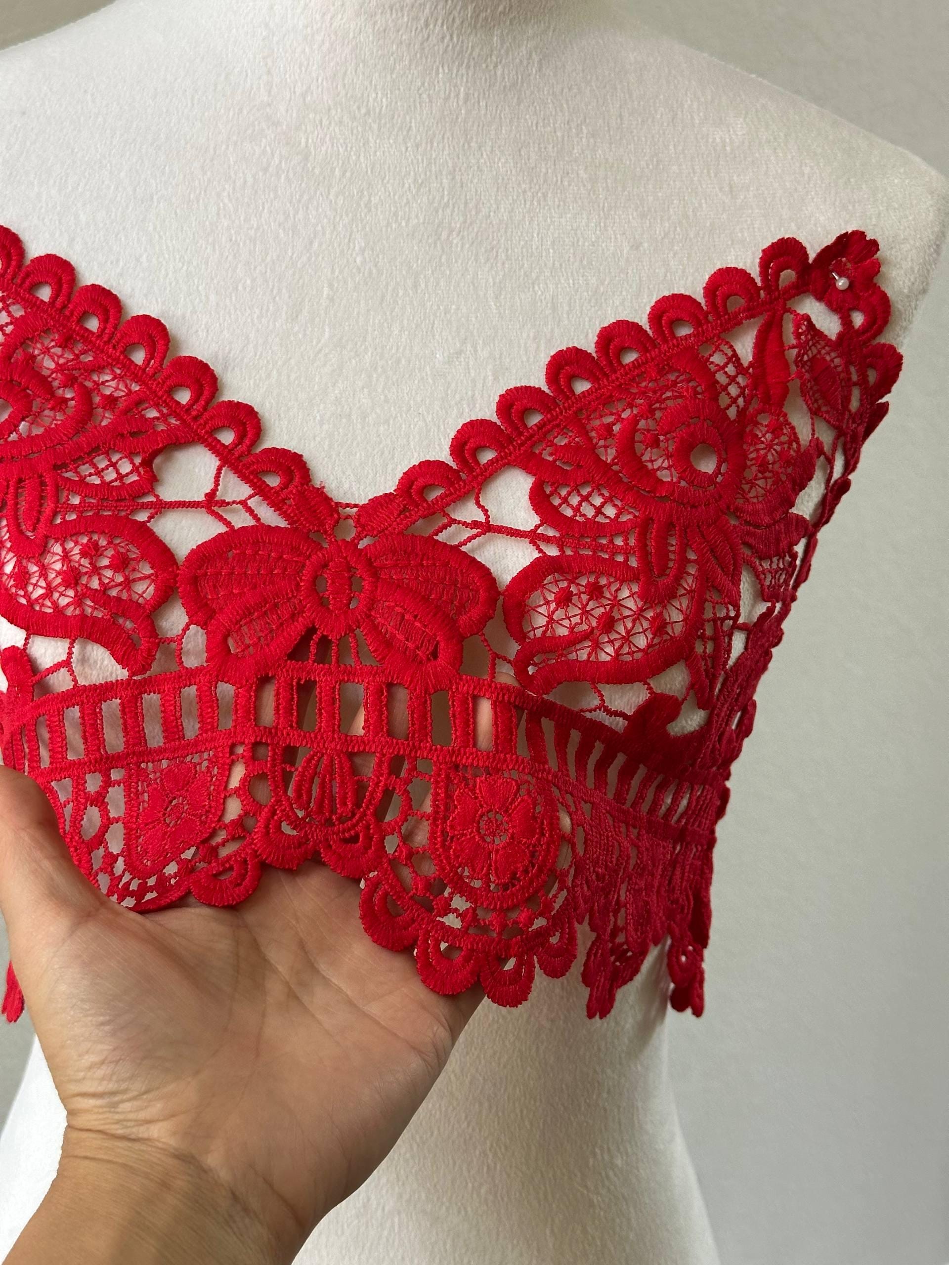 Muted Crimson Red Guipure Water Soluble Lace Bodice Applique Motif Butterfly Floral Embroidered Front Panel for Camisole Blouse Sewing, 20"