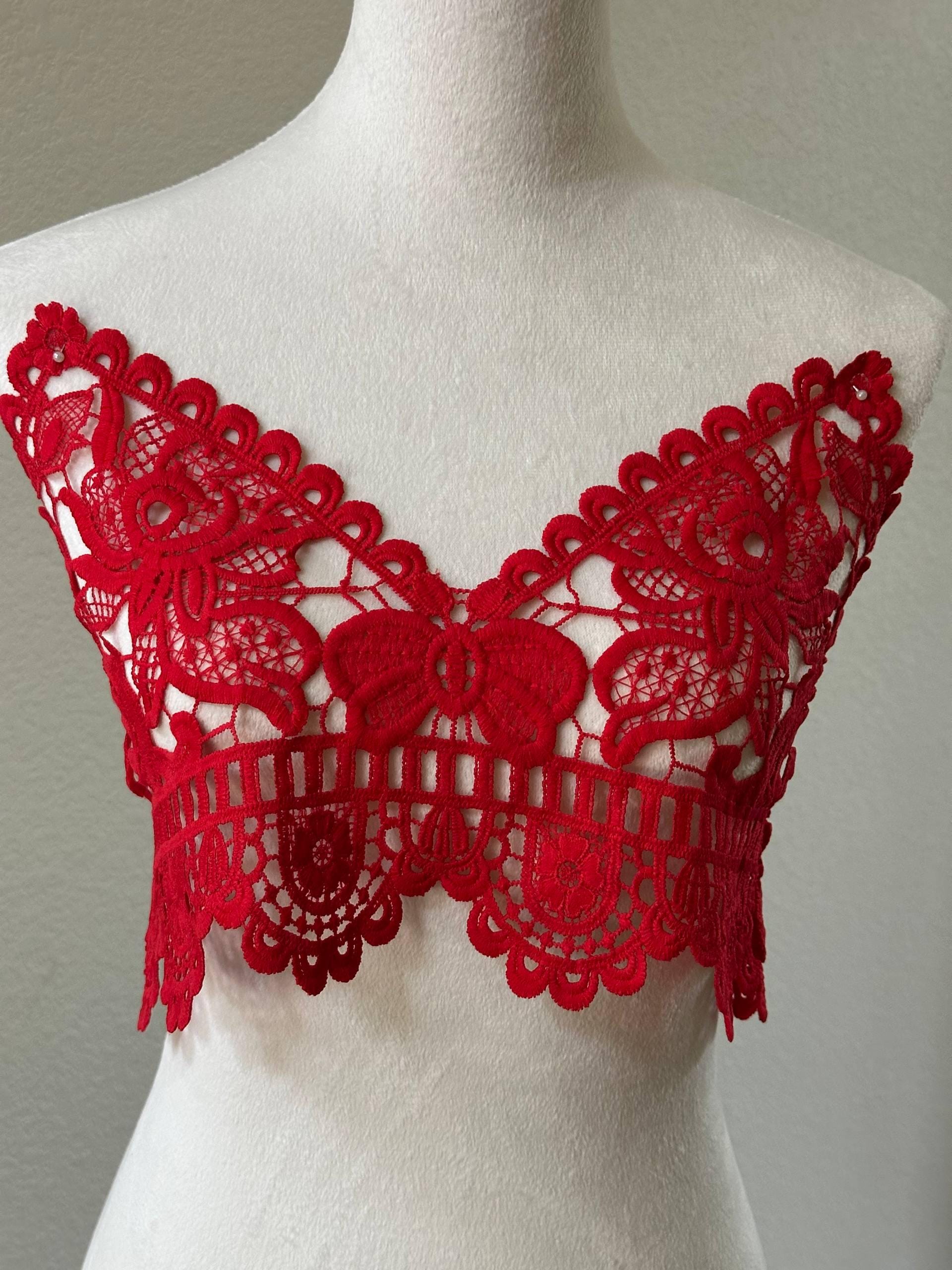 Muted Crimson Red Guipure Water Soluble Lace Bodice Applique Motif Butterfly Floral Embroidered Front Panel for Camisole Blouse Sewing, 20"